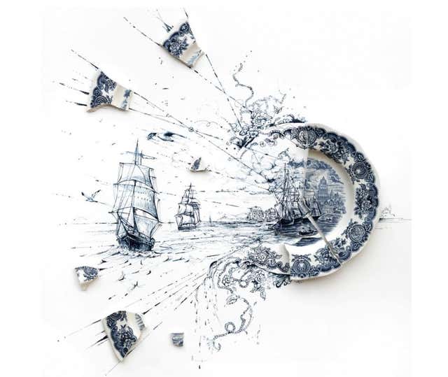 Robert Strati - Fragmented in Blue with Windmills and Ships Broken ...