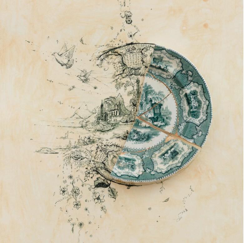 Stampa Fragmented in verde con cattedrale e fiori