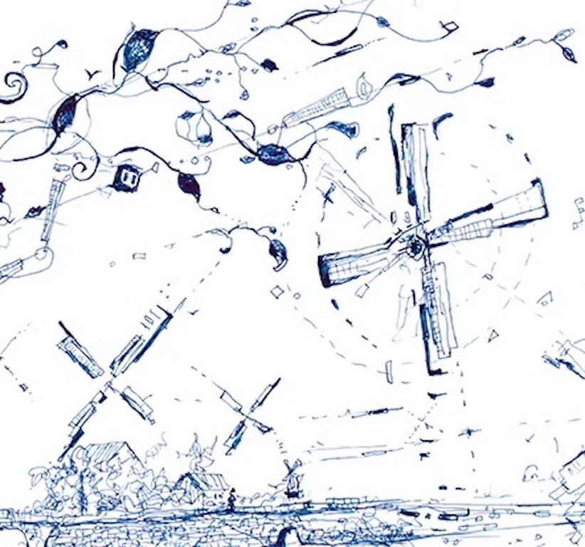 Fragmentiert in Blau mit Windmills-Druck im Angebot 1