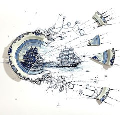 Fragmenté en bleu avec navires, voiles et mouettes cassées, encre sur papier