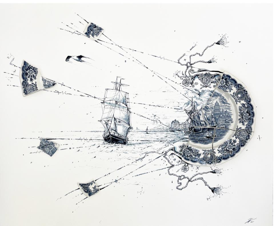 Segelschiff mit Gulls und Wellen