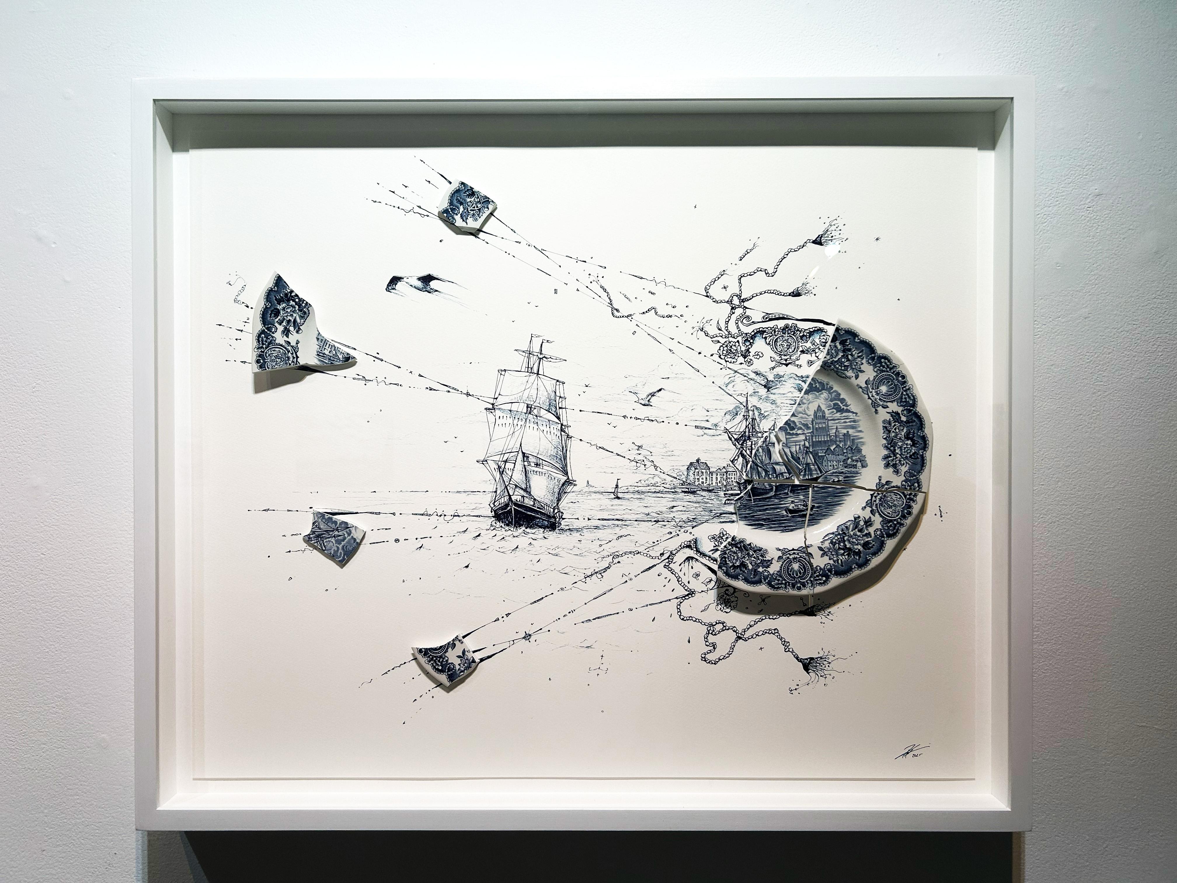 Segelschiff mit Gulls und Wellen (Grau), Landscape Art, von Robert Strati