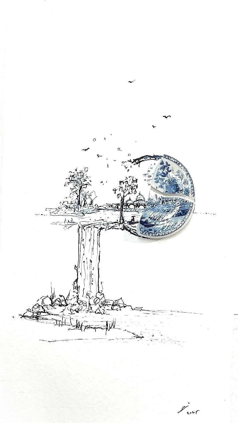 Cascade et paysage asiatique - Mixed Media Art de Robert Strati