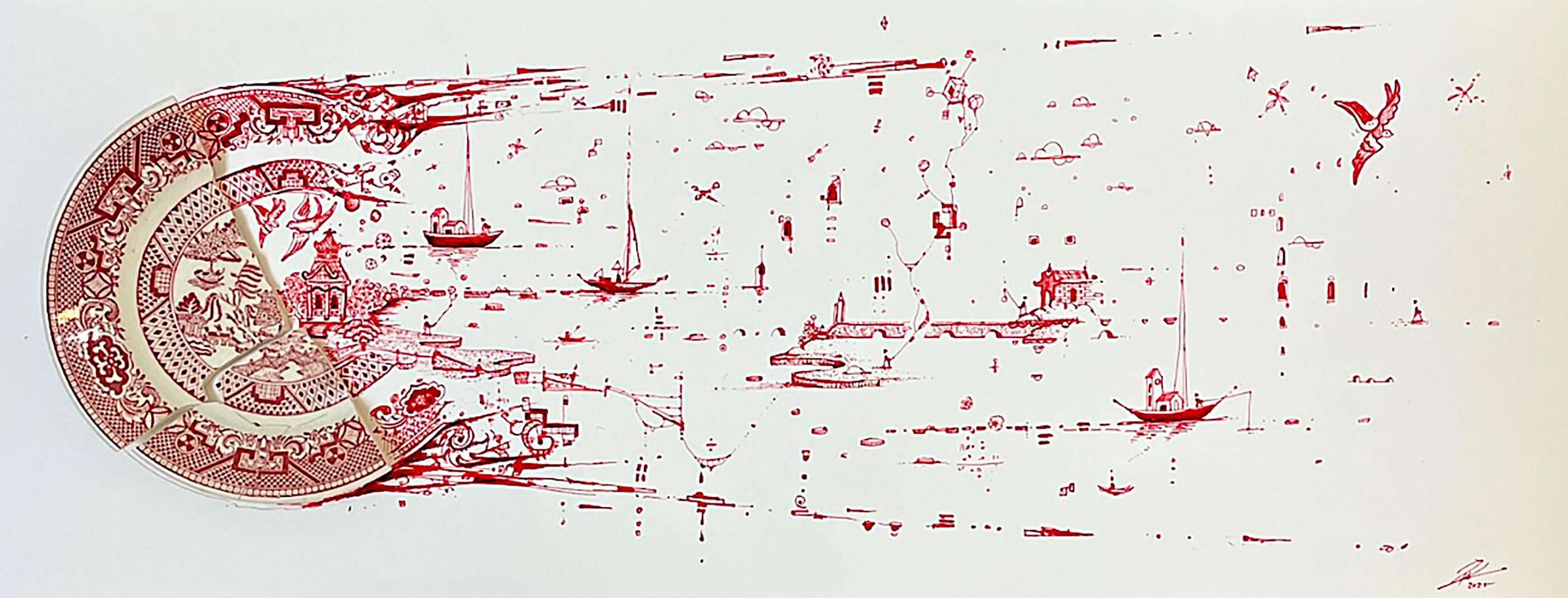 Fragmentiert in Rot mit Schiffen und Wolken – Mixed Media Art von Robert Strati