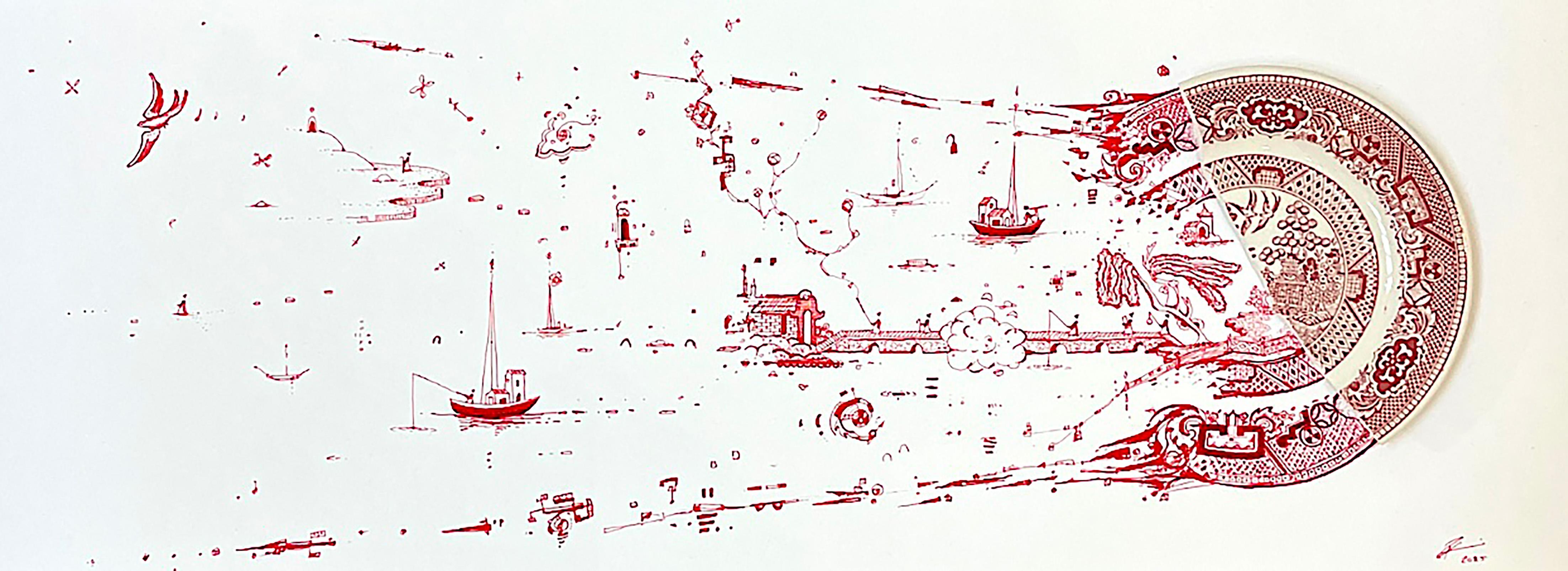 Fragmentiert in Rot mit Schiffen und Brücke – Mixed Media Art von Robert Strati