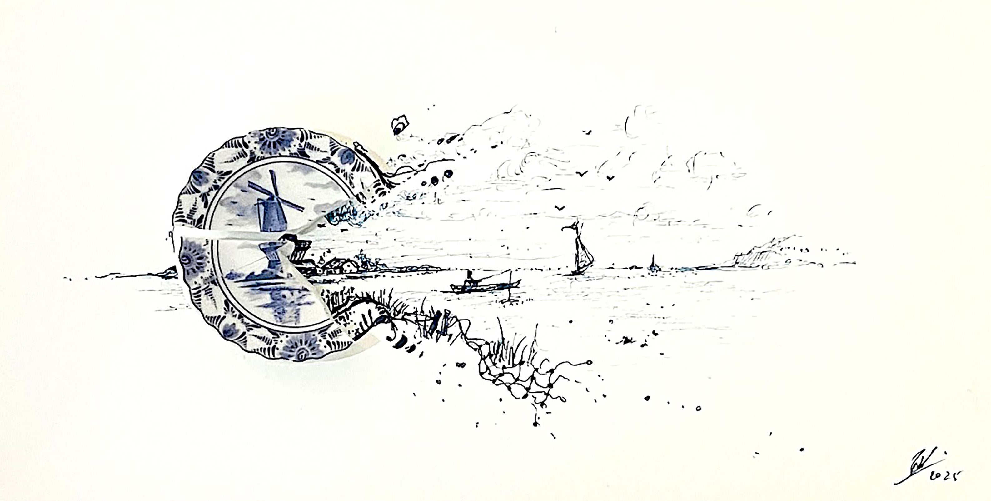 Pescador con redes y molino de viento
