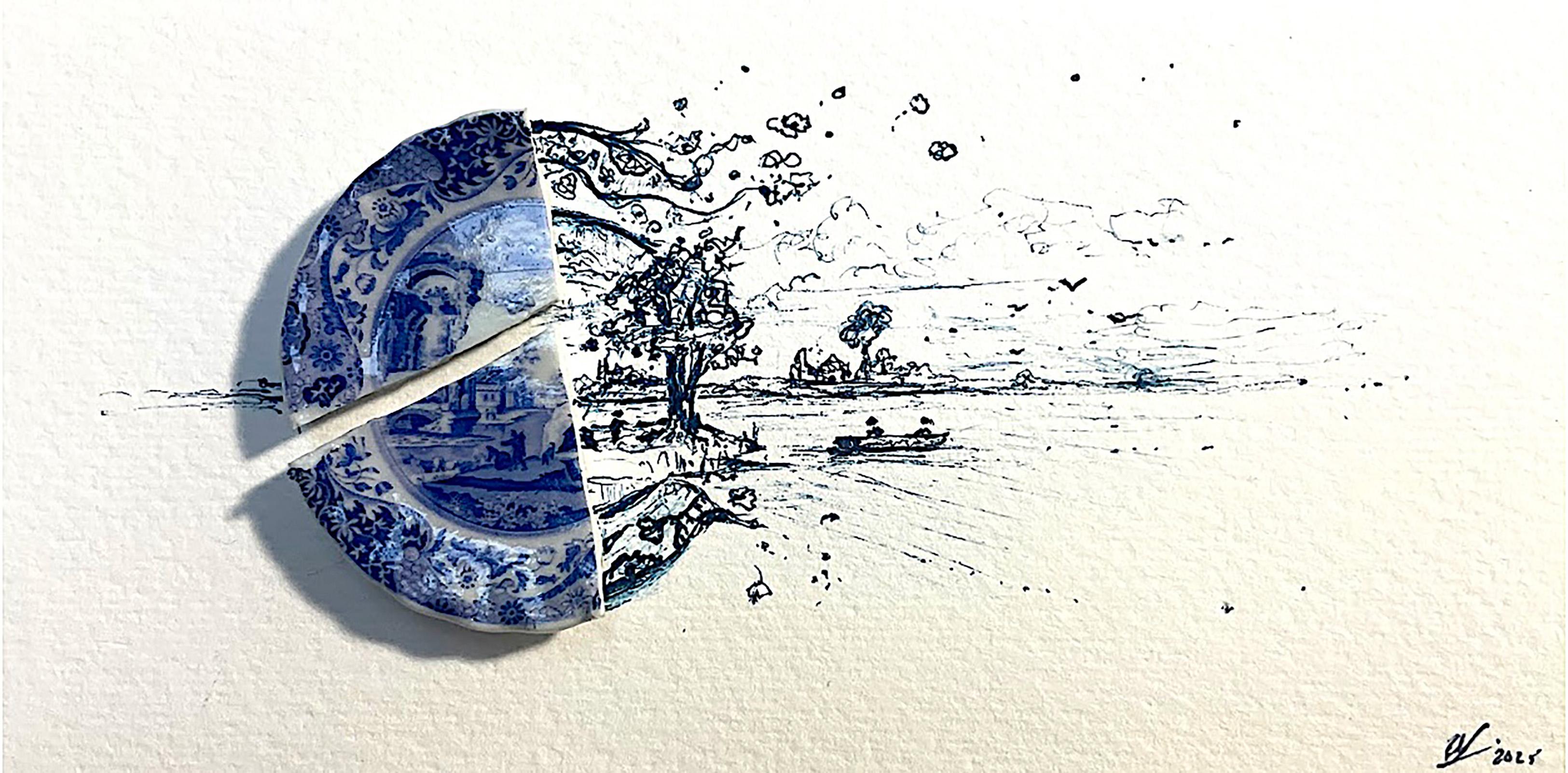 Bateau sur le lac avec des ruines