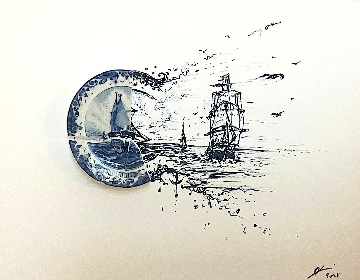 Segelschiffe mit Möwen und Anker – Mixed Media Art von Robert Strati