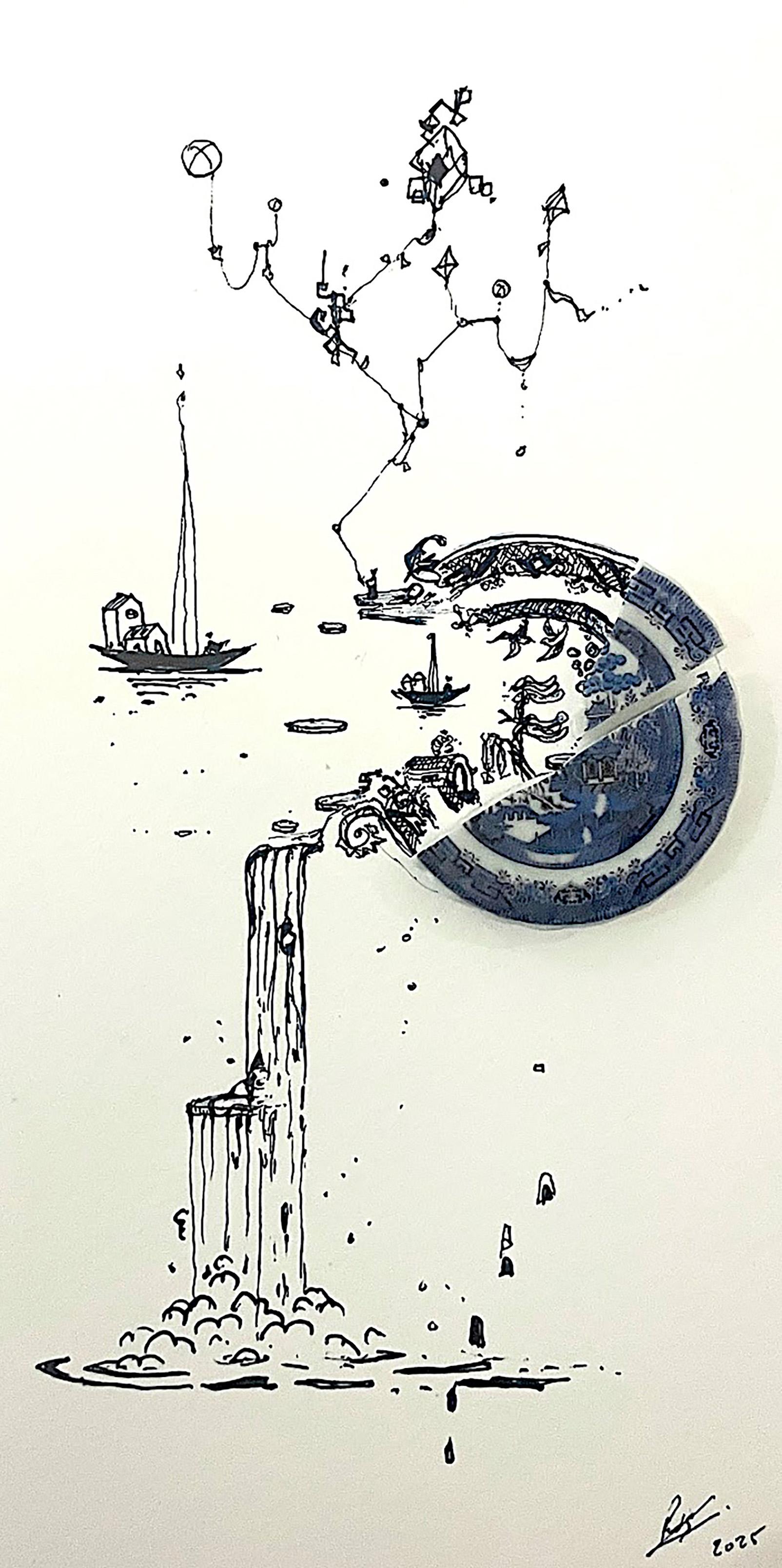 Fragmentiert in Blau mit Drachen und Luftballons – Mixed Media Art von Robert Strati