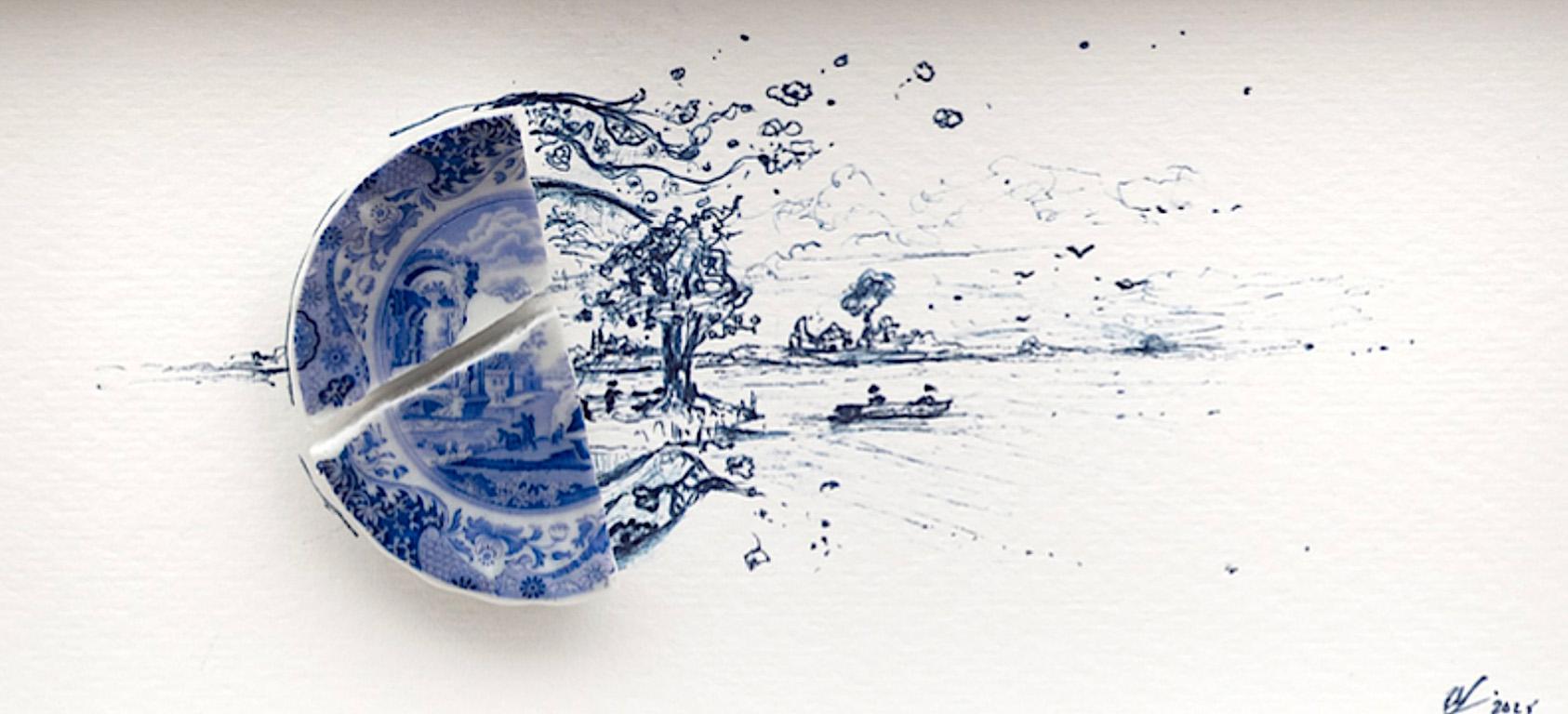 Boat on the Lake with Ruins - Mixed Media Art by Robert Strati
