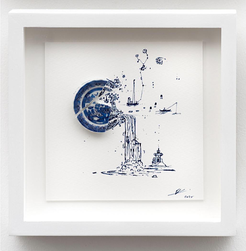 Frammentato in blu con templi e palloncini - Art di Robert Strati
