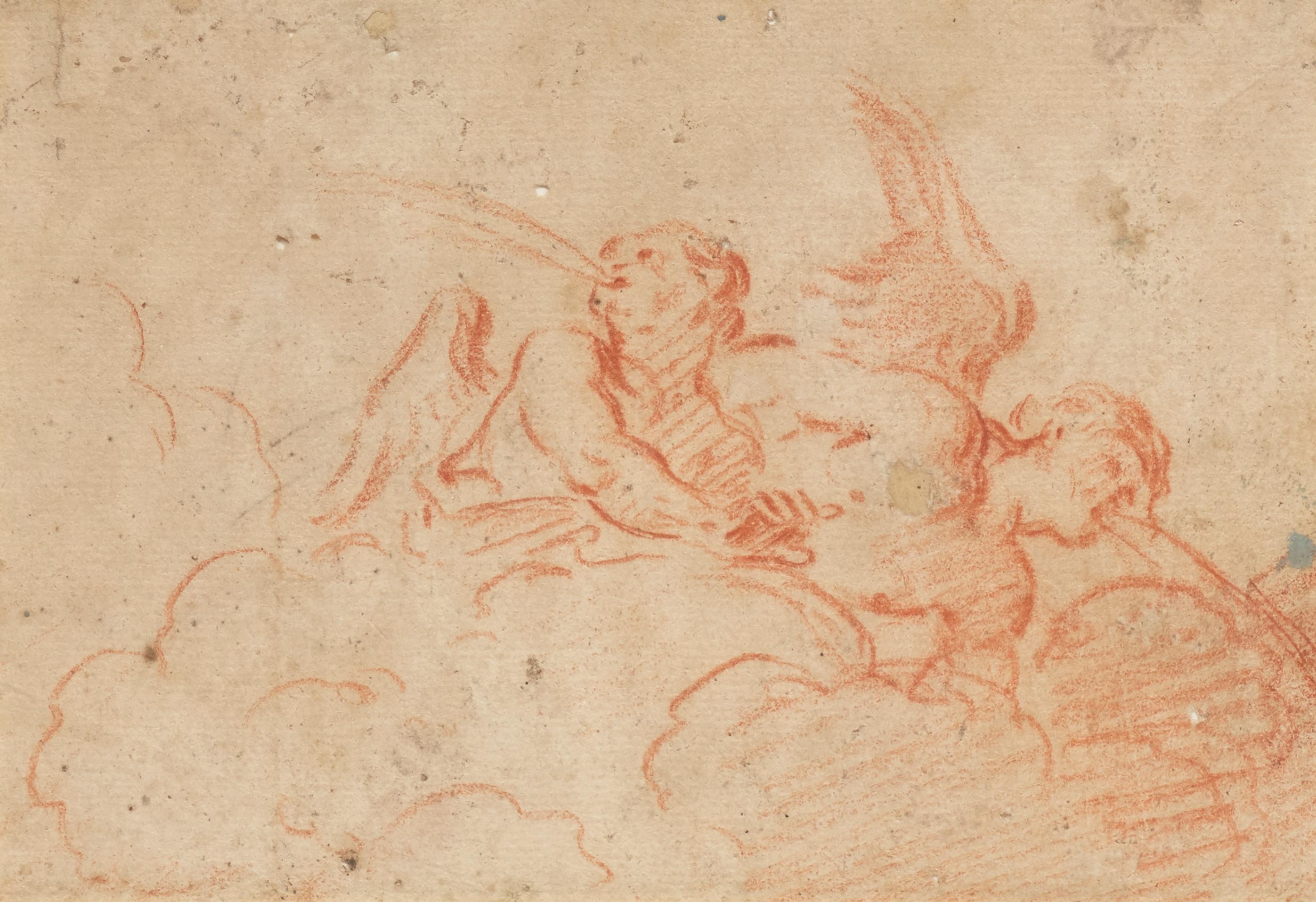 Two Angles blowing a red chalk drawing by Charles de La Fosse (ceiling study)