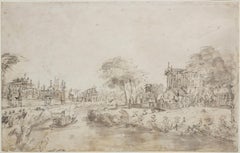 Villas on the Brenta, an ink wash on paper by Francesco Guardi, Venice 1712-1793