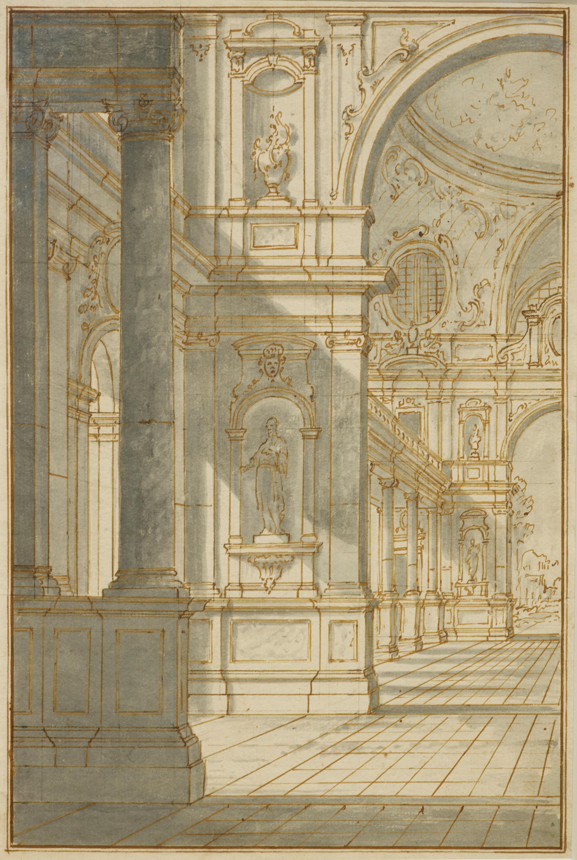 Die Technik dieser leuchtenden architektonischen Zeichnung mit ihrer strengen Perspektive ist perfekt repräsentativ für die Kreationen der Vedutisten der venezianischen Schule des 18. Jahrhunderts. Ähnliche Zeichnungen unterstützen die Zuschreibung