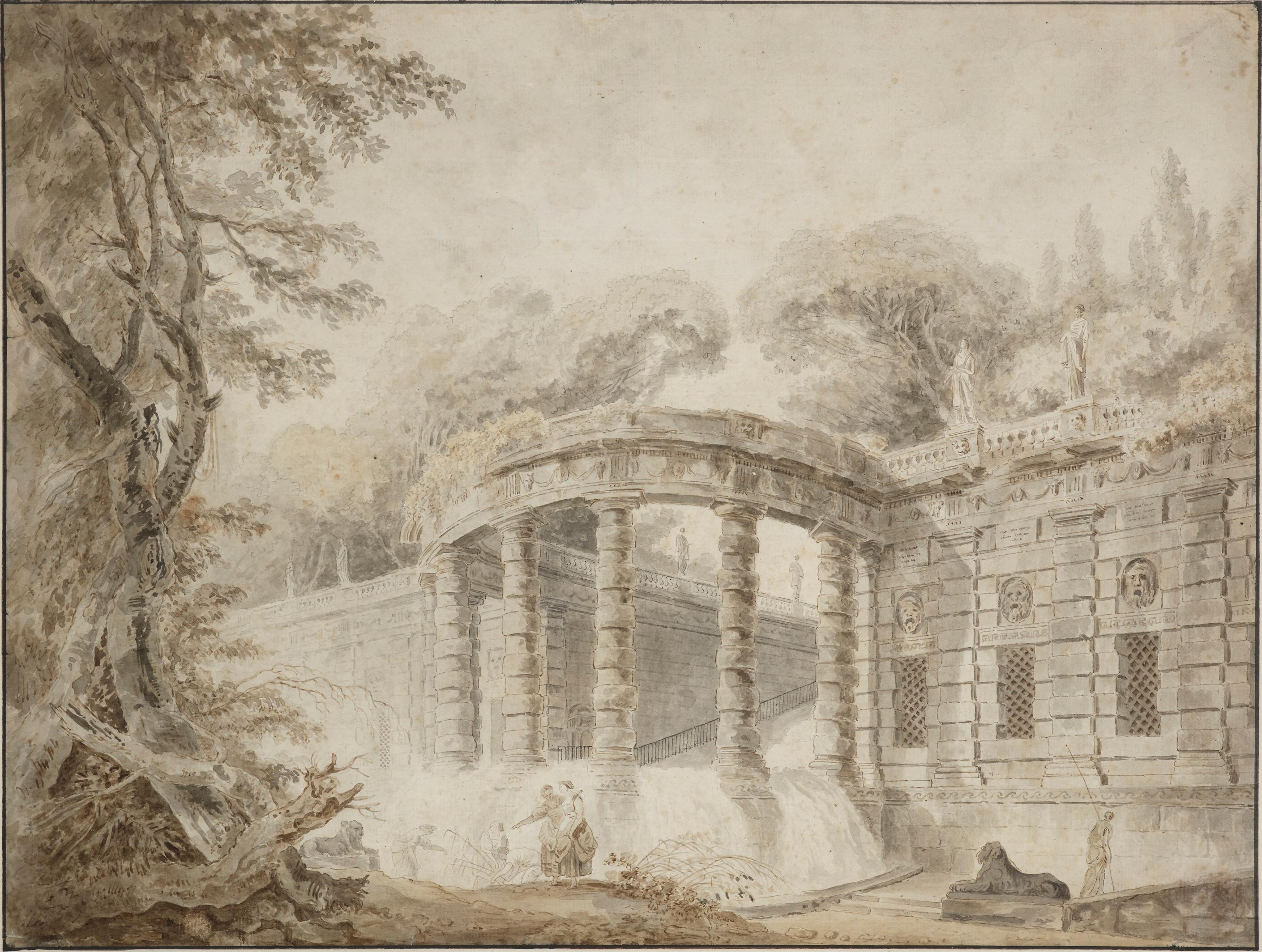Pavilion avec cascade, un lavis à l'encre attribué à Hubert Robert (1733 - 1808) en vente 1
