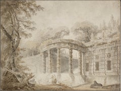 Pavilion with waterfall, an ink wash attributed to Hubert Robert (1733 - 1808)