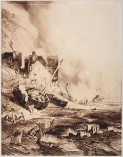 Antique The Refitting of a Boat at Low Tide, a drawing by Eugène Isabey (1803 - 1886)
