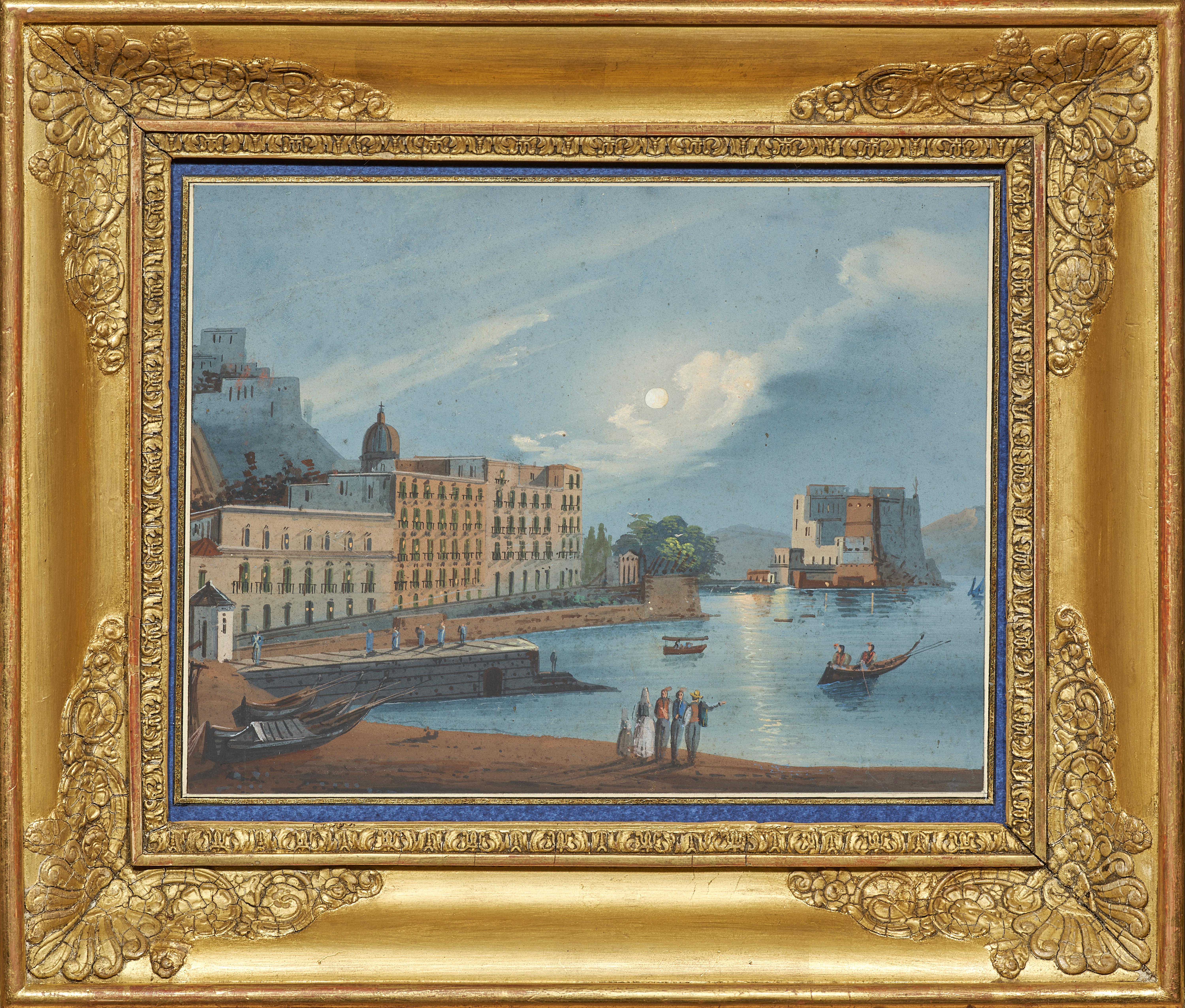 Landscape Painting Unknown - Vue du château d'Ovo au clair de lune, gouache napolitaine du XIXe siècle 