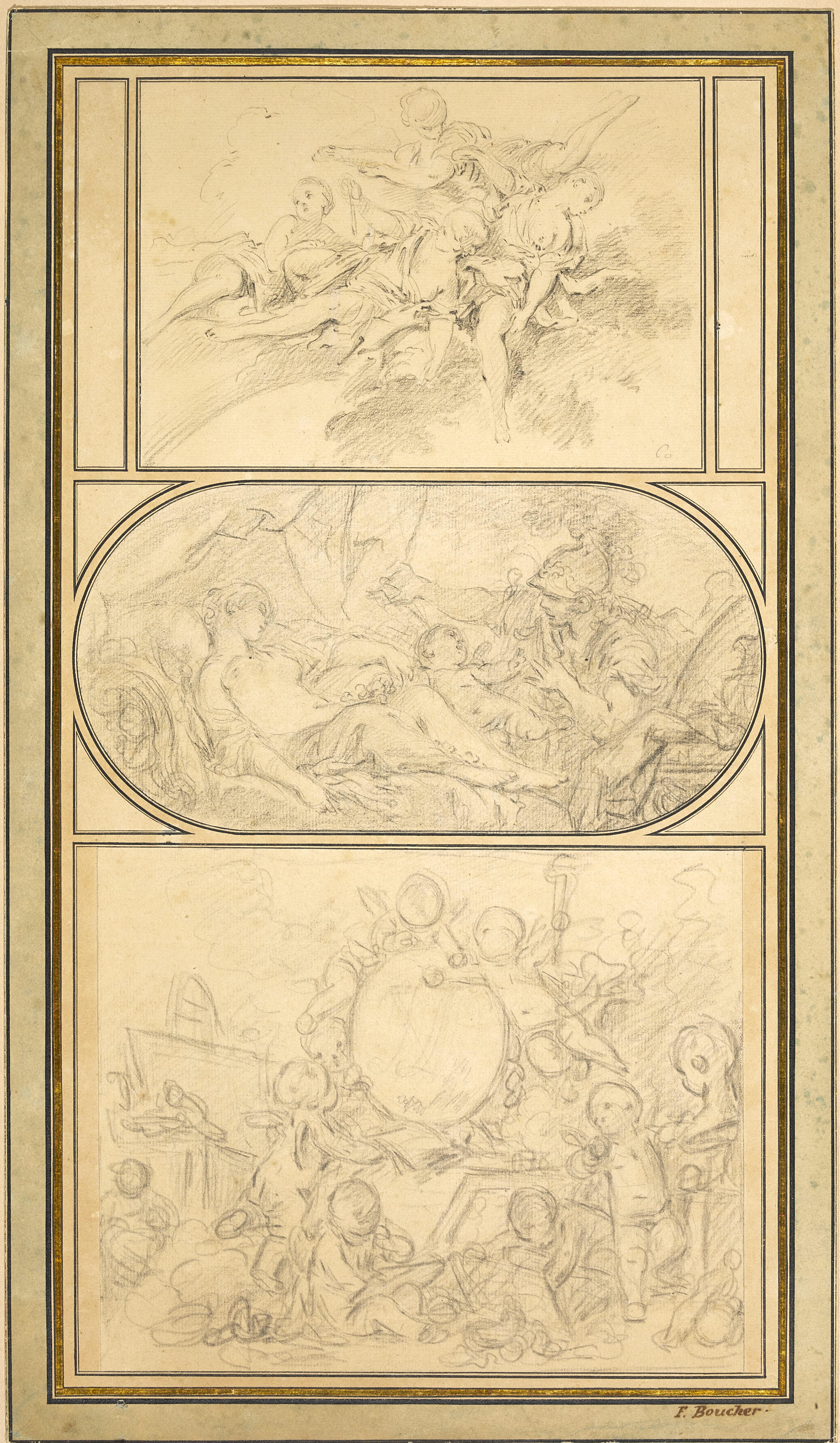 Trois dessins de François Boucher dans un montage  par Jean-Baptiste Glomy  en vente 1