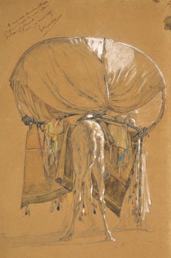 Antique Study of a camel loaded with a palanquin, seen from behind by Gustave Guillaumet