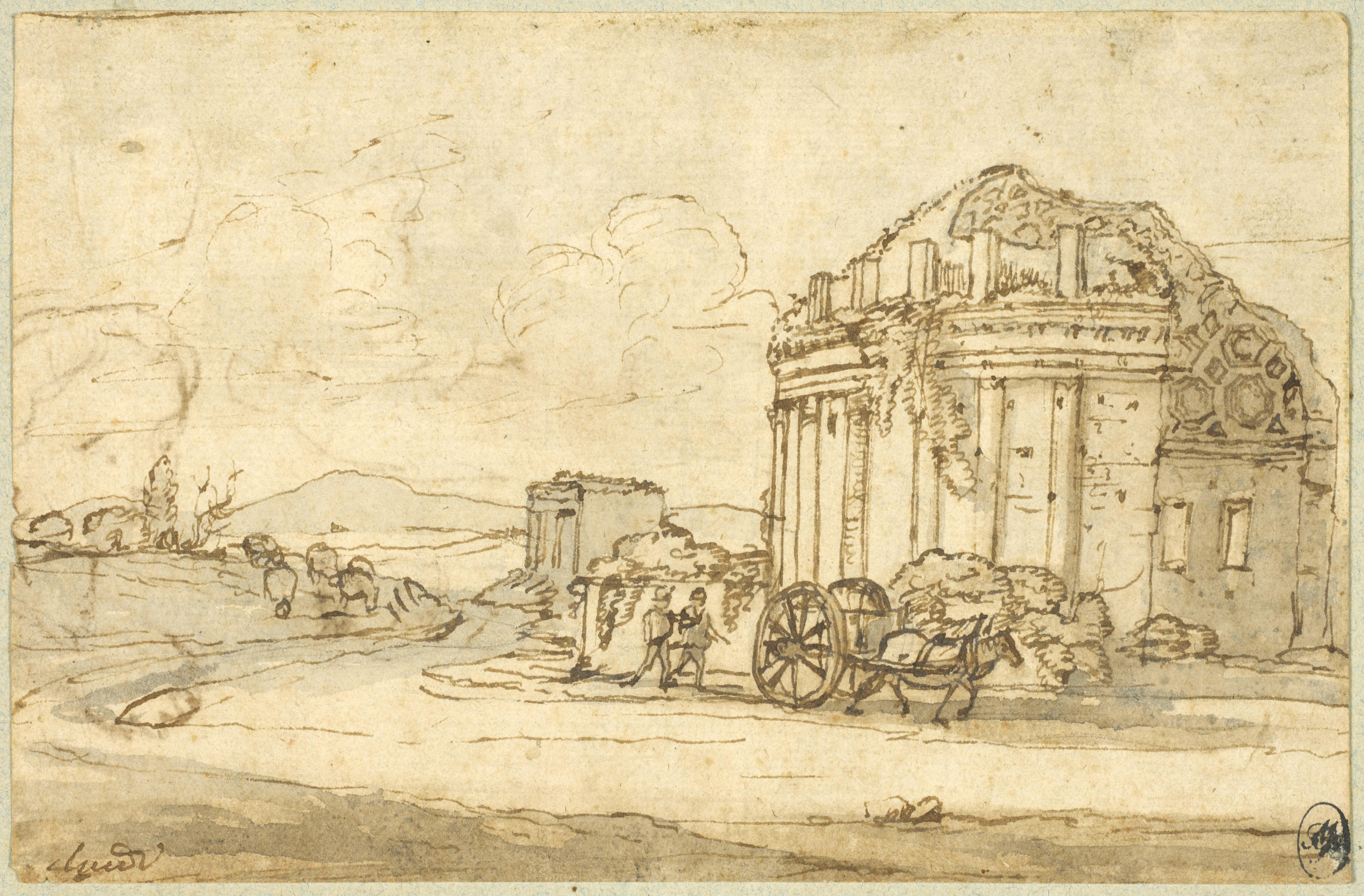 Cette étude présente un paysage typique de la campagne romaine : un ancien mausolée devant lequel passe une charrette suivie de deux paysans. Si la technique (un dessin à la plume sur des lignes de graphite, complété par un lavis d'encres brunes et