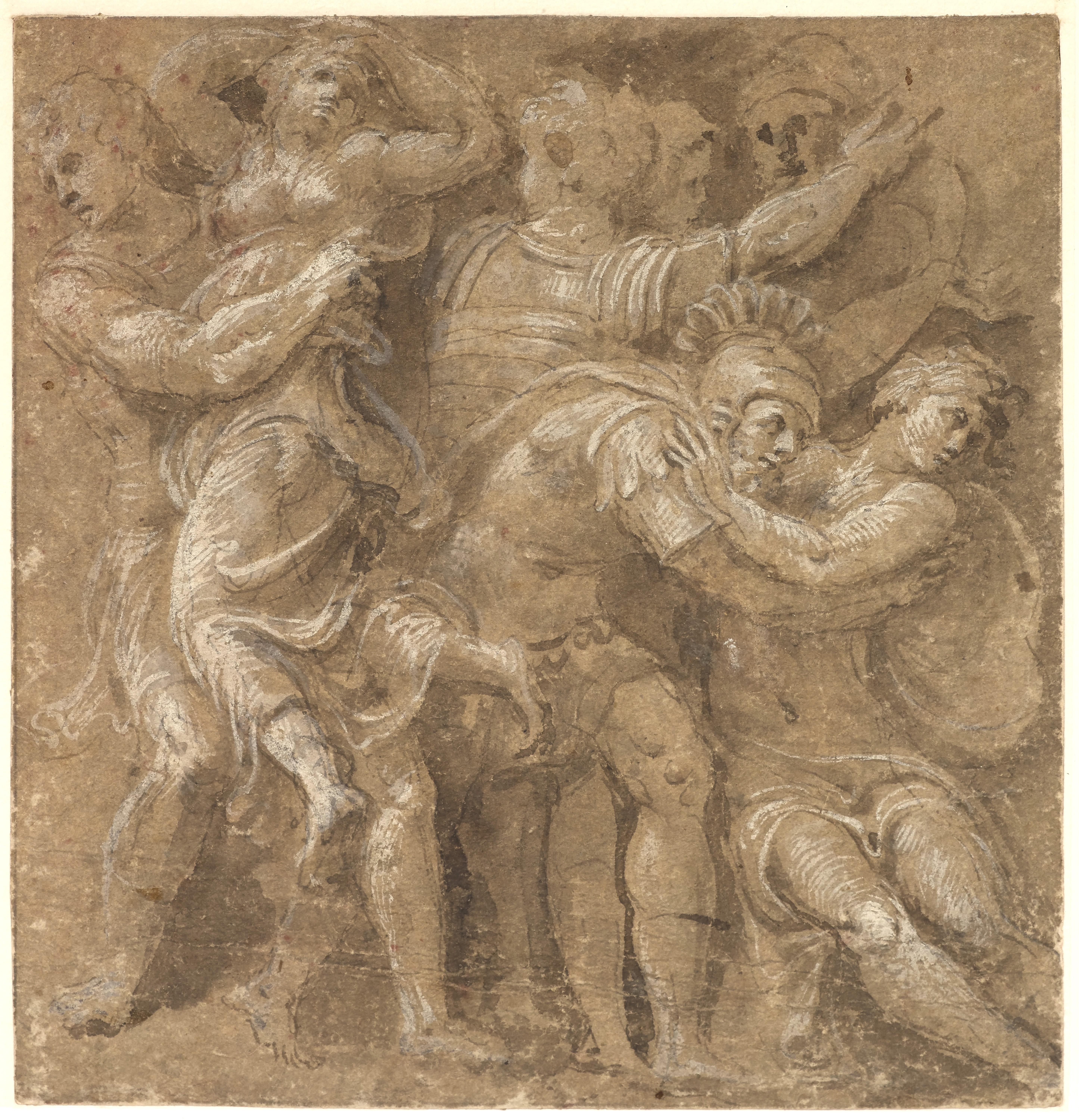 Ce dessin vigoureux a longtemps été attribué à Polidoro da Caravaggio : L'Enlèvement des femmes sabines est l'une des scènes que Polidoro a représentées entre 1525 et 1527 sur la façade du palais Milesi à Rome. Cependant, la proximité d'un autre