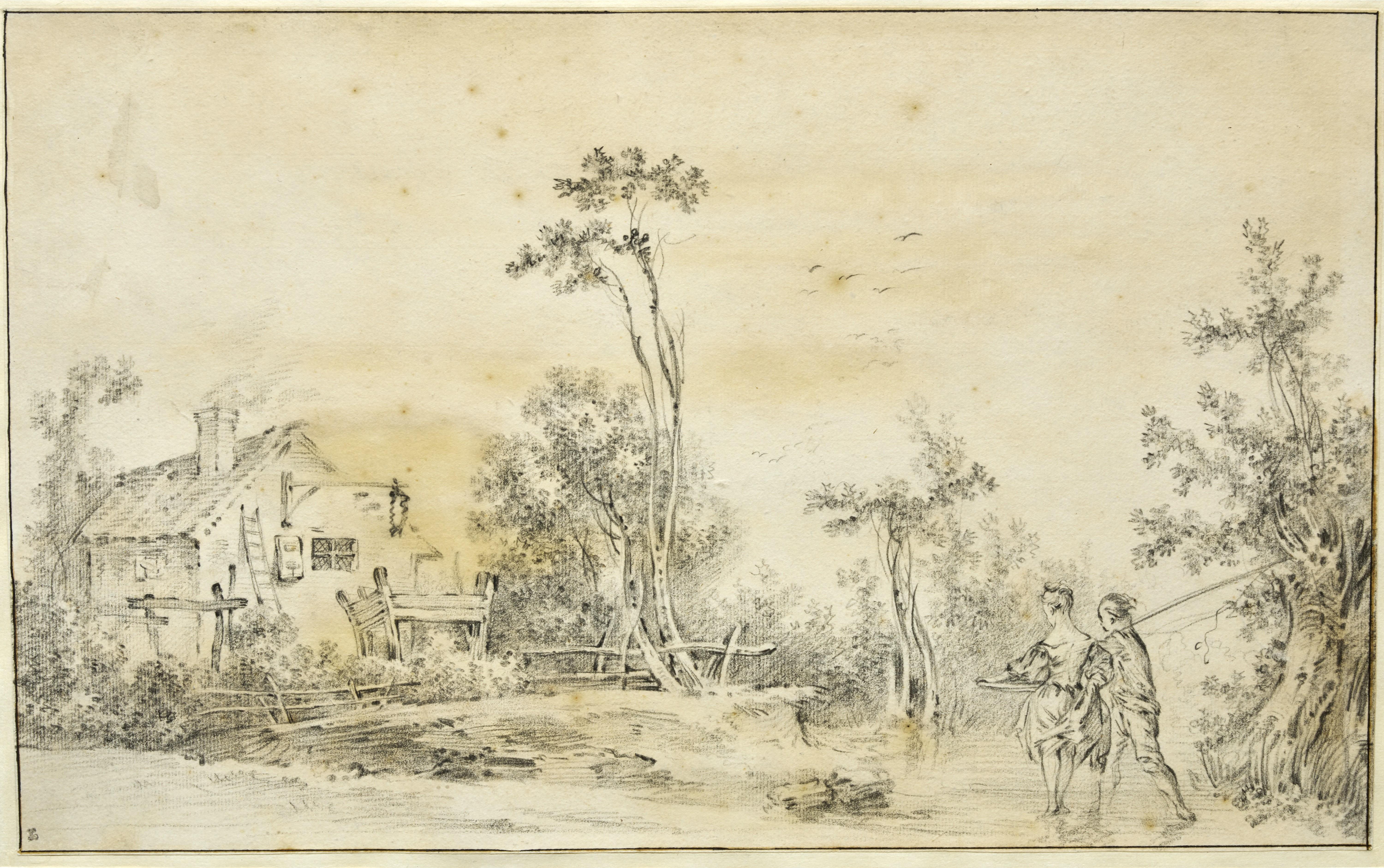 François Boucher Landscape Painting - A rural landscape, a drawing partly attributed to Francois Boucher