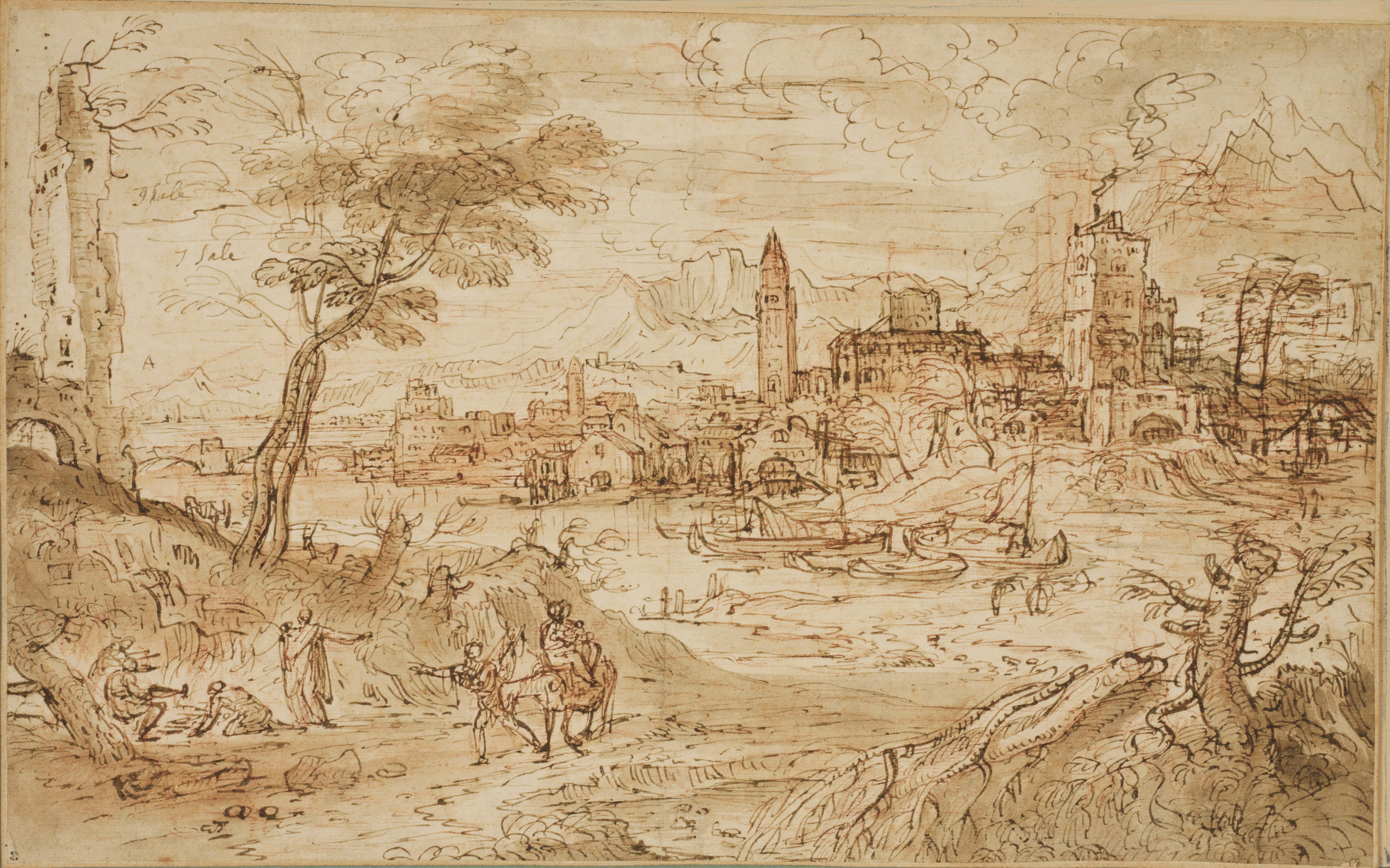 Flemish School, 17th Century Landscape Art - A large landscape drawing executed in Italy around 1630 by a Flemish artist