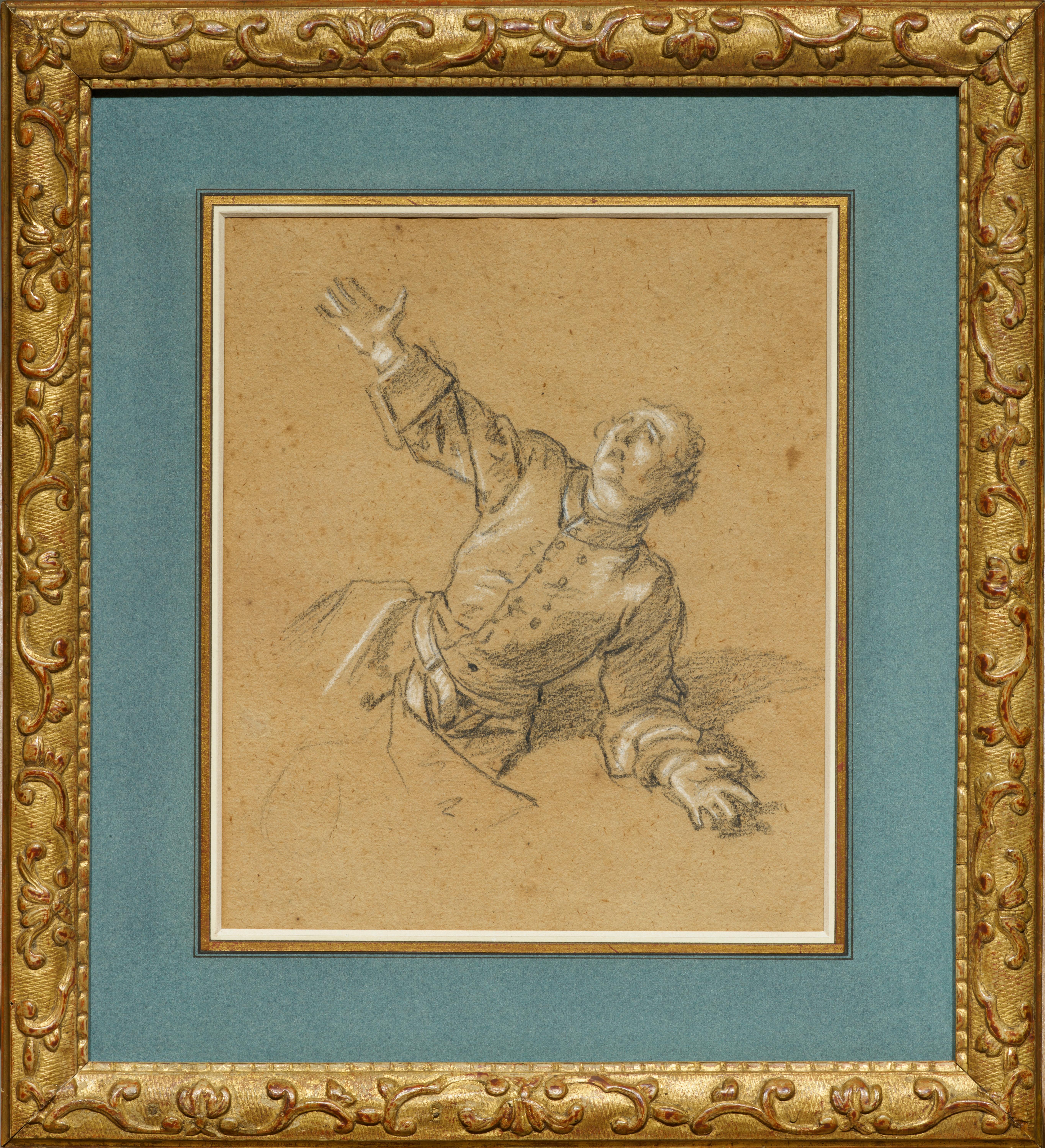 Ce rare dessin de Nattier fait partie d'un ensemble d'études préparatoires exécutées en 1717 pour l'une des premières commandes du peintre, le tableau commandé par le tsar Pierre Ier de Russie pour célébrer sa victoire sur les Suédois à Poltava en