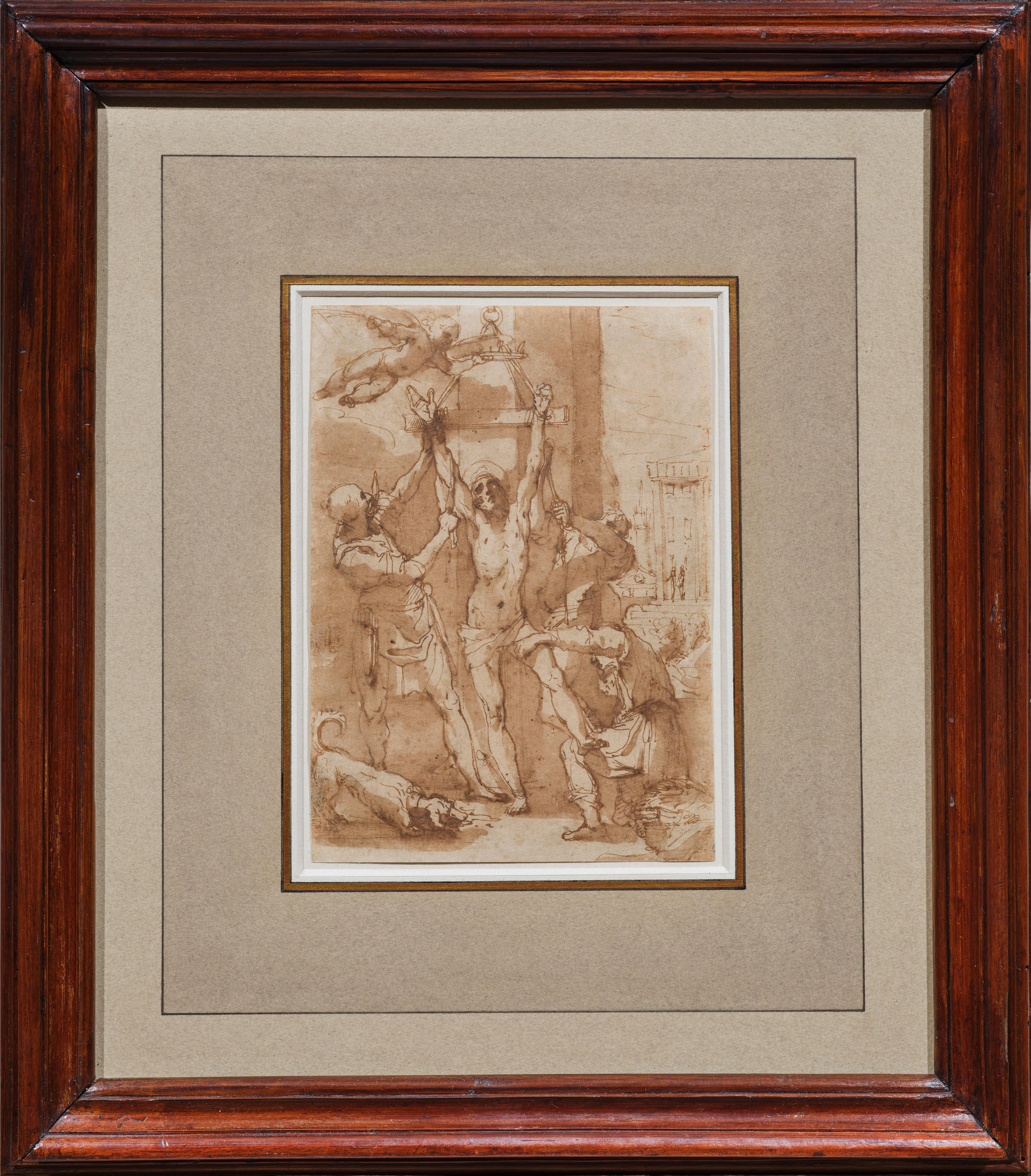 Ce puissant dessin à la plume et au lavis d'encre brune est une étude pour un retable représentant Le martyre de saint Barthélemy. Signée et datée de 1604, elle a été peinte à la fin de sa vie par Alessandro Casolani, l'un des derniers représentants