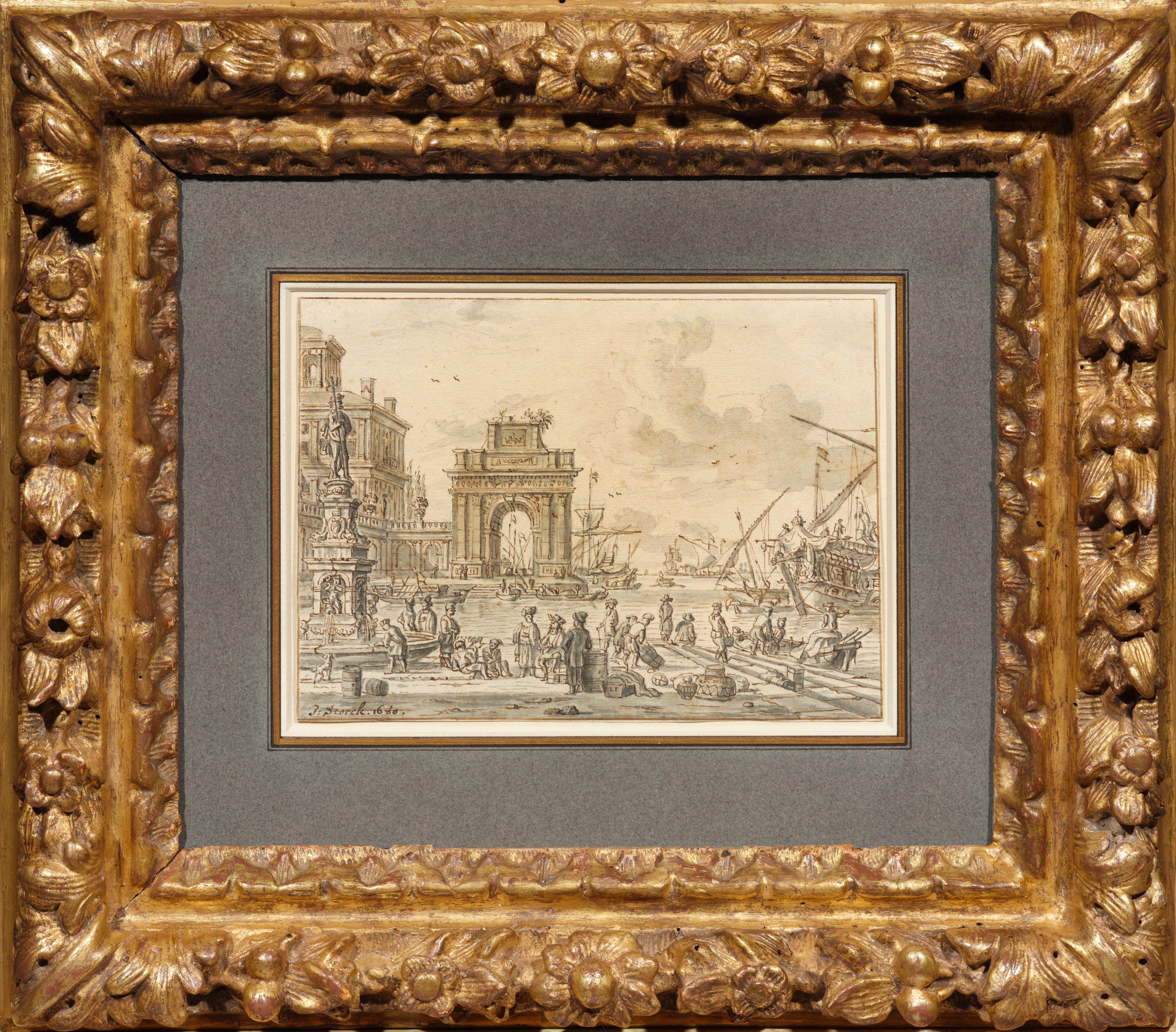 Vista imaginaria de un puerto italiano, dibujo firmado y fechado de Jacobus Storck