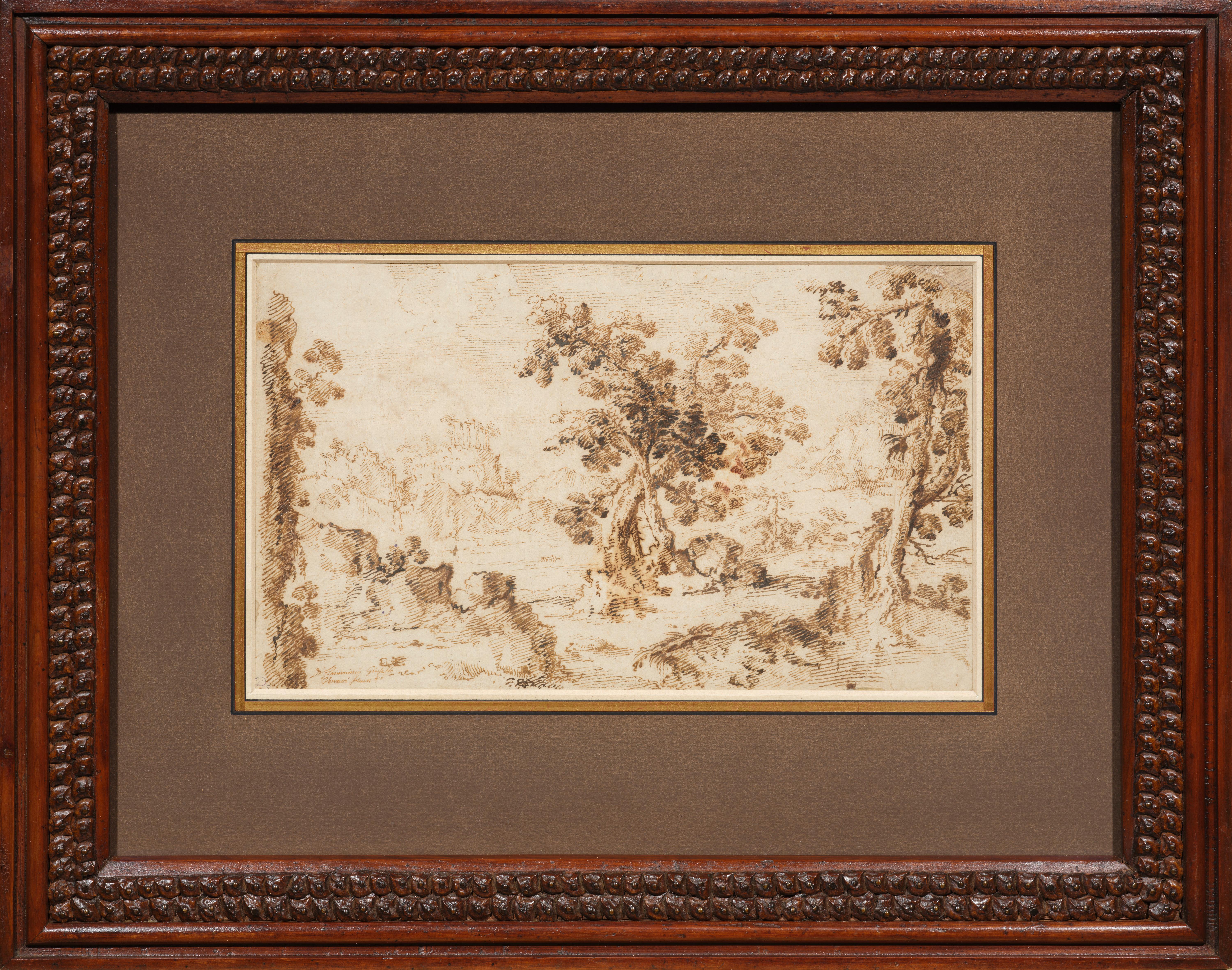 Paysage rocheux avec arbres et ruines de temple, dessin de Giulio Parigi (vers 1615)