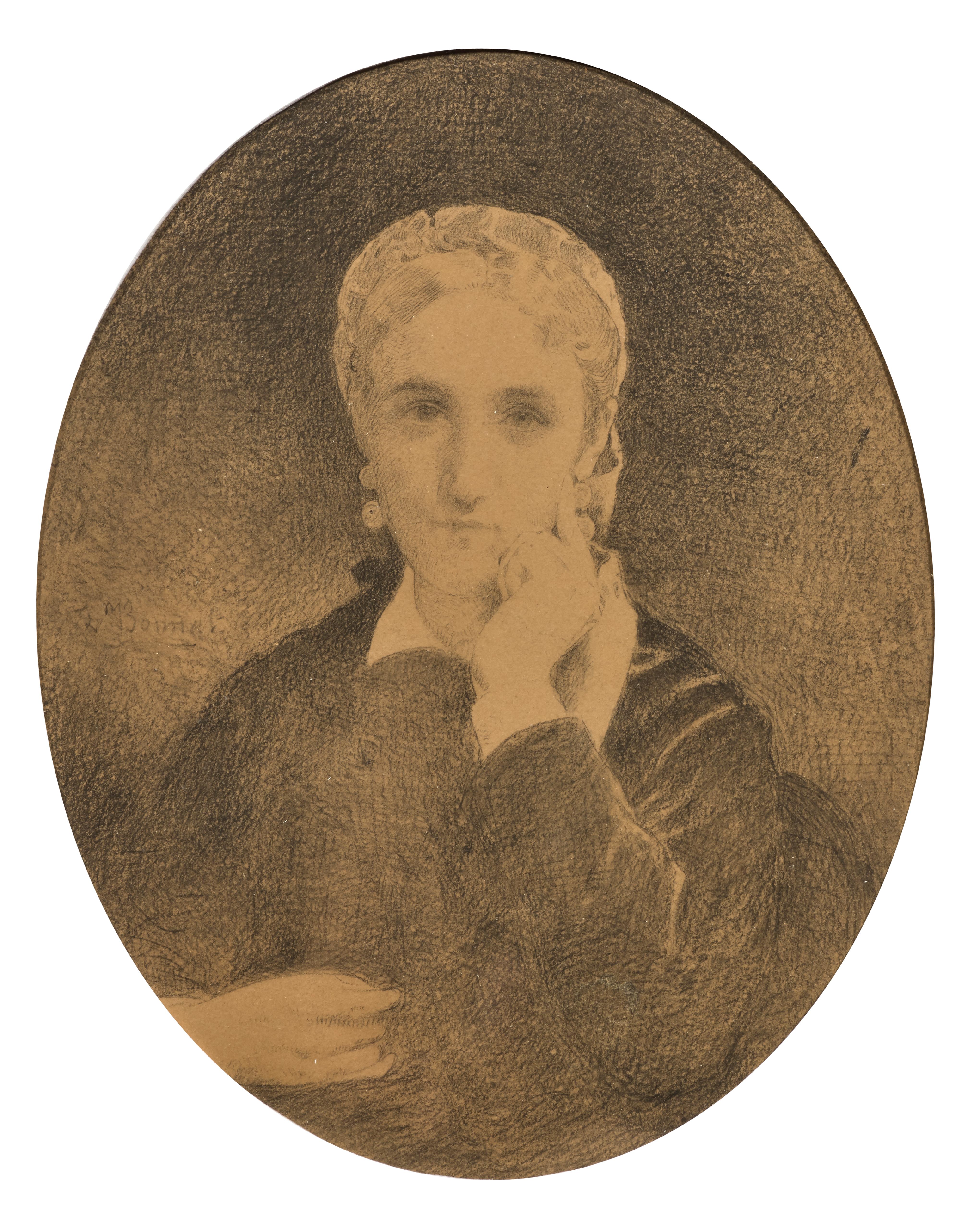 Retrato de mujer melancólica, dibujo firmado por Léon Bonnat