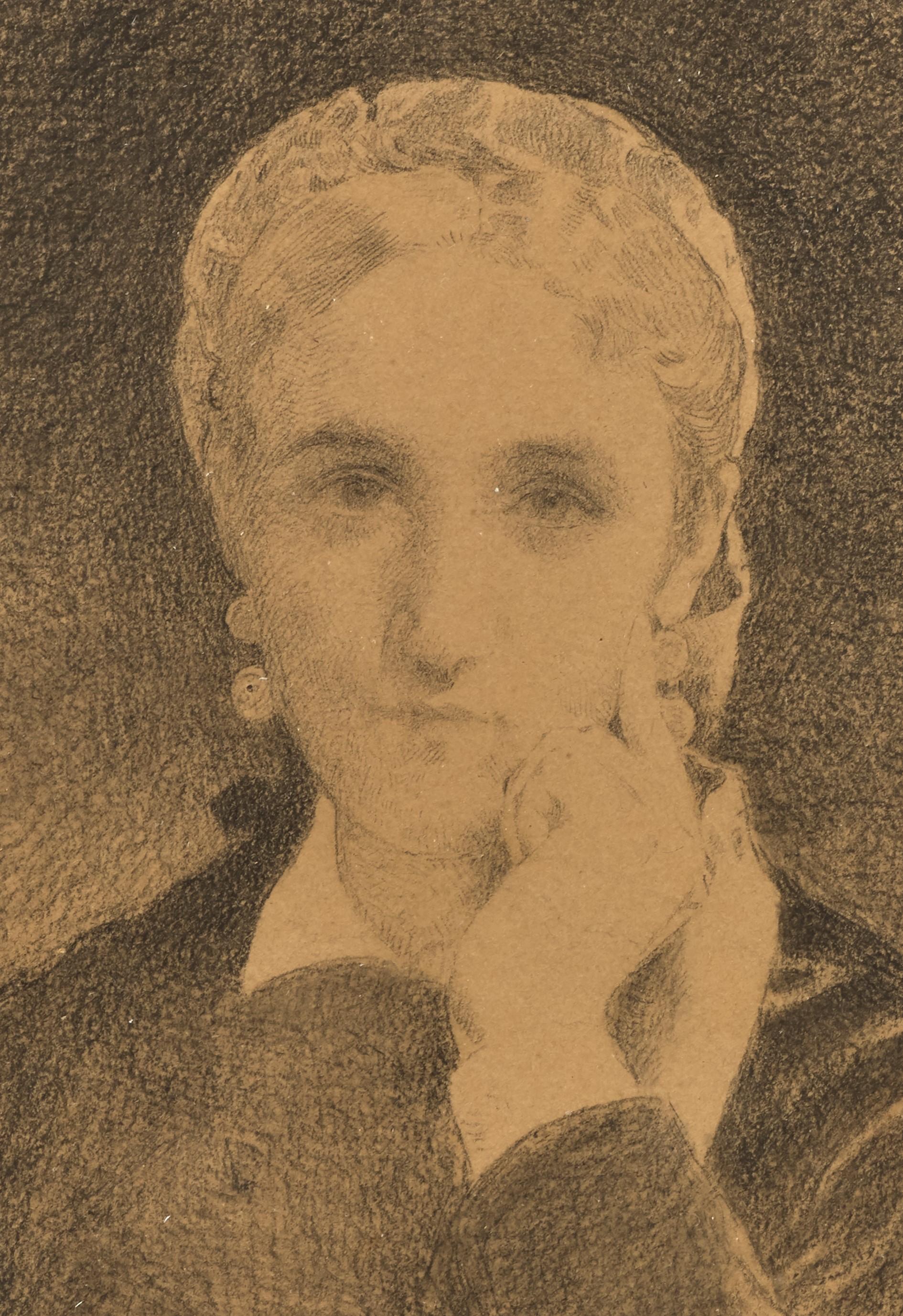 Porträt einer Melancholic-Frau, eine von Lon Bonnat signierte Zeichnung (Braun), Figurative Art, von Léon Bonnat