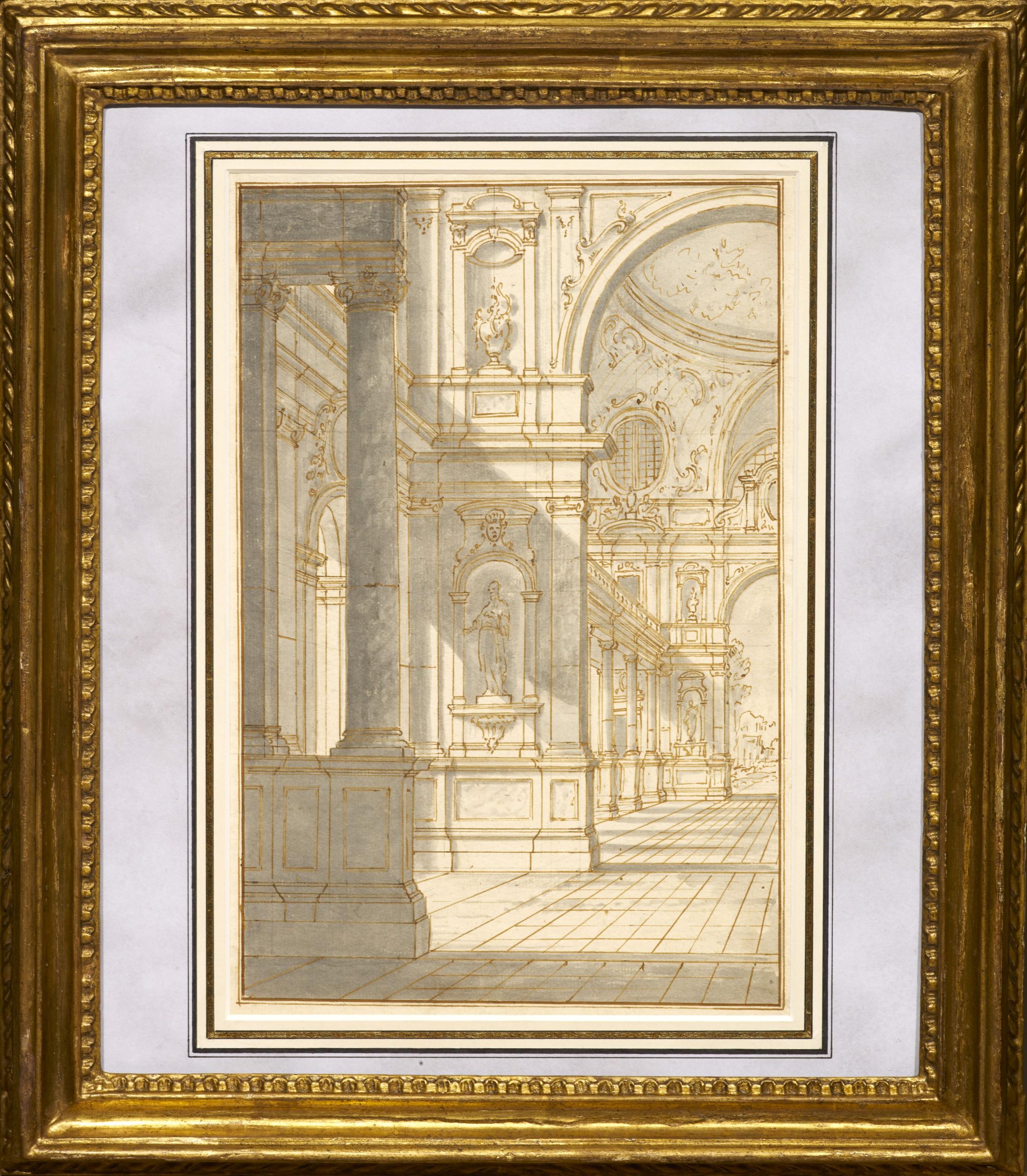 The technique of this luminous architectural drawing with its rigorous perspective is perfectly representative of the creations of the Venetian school’s 18th century vedutists. Similar drawings support its attribution to Francesco Battaglioli.

Iron