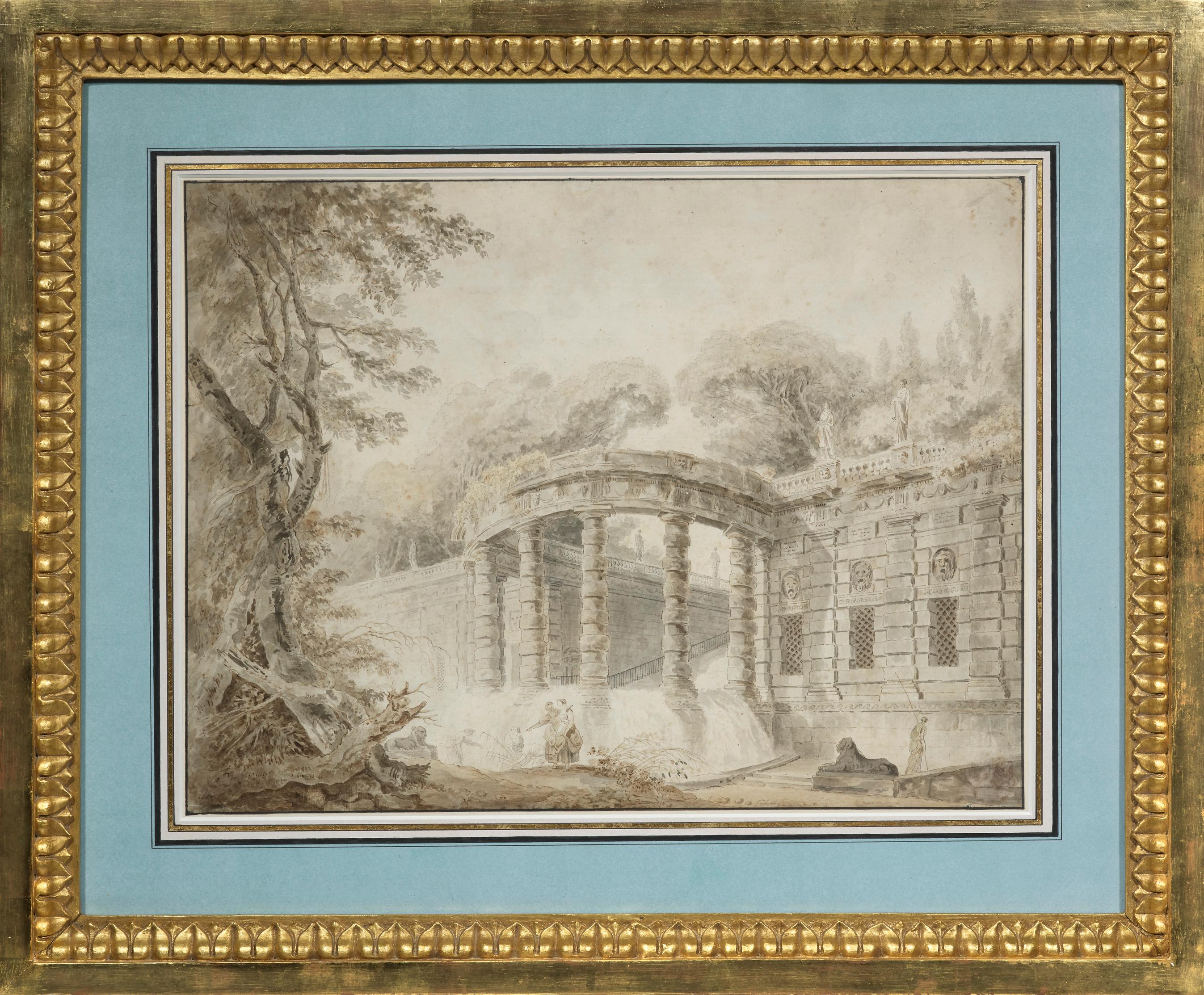 Ce grand dessin au lavis est une version légèrement agrandie d'une composition exécutée par Hubert Robert en 1761, à la fin de son séjour à Rome. Cette composition est une merveilleuse synthèse de l'art du peintre : le fracas de la cascade, dans un