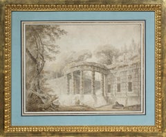 Used Pavilion with waterfall, an ink wash attributed to Hubert Robert (1733 - 1808)