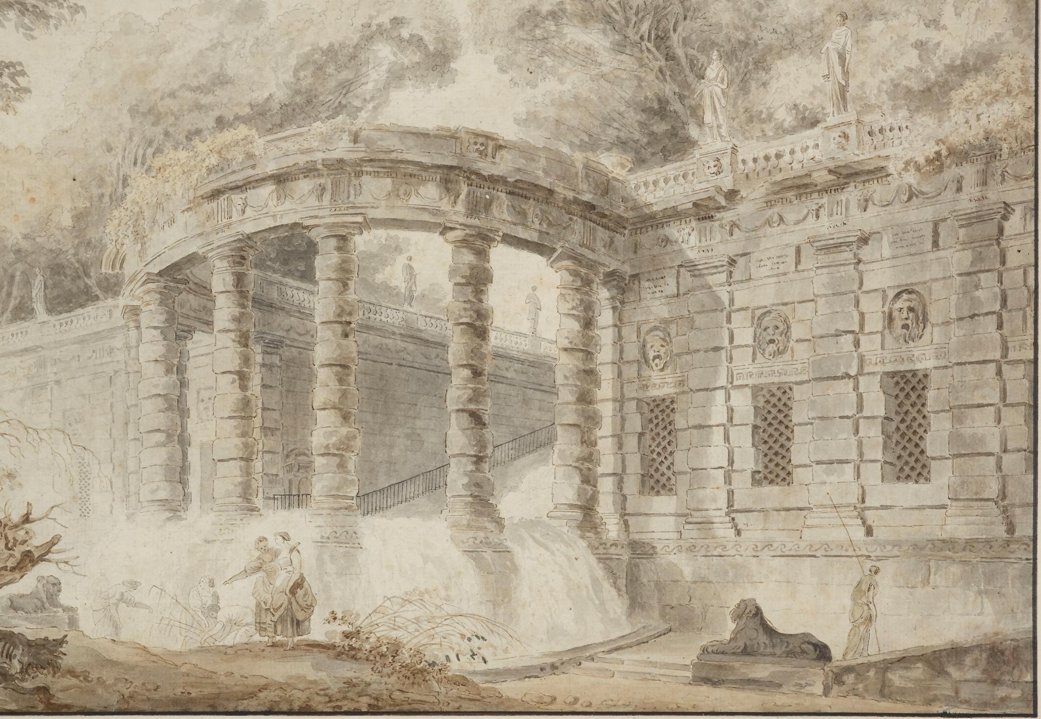 Pavilion with waterfall, an ink wash attributed to Hubert Robert (1733 - 1808) For Sale 1