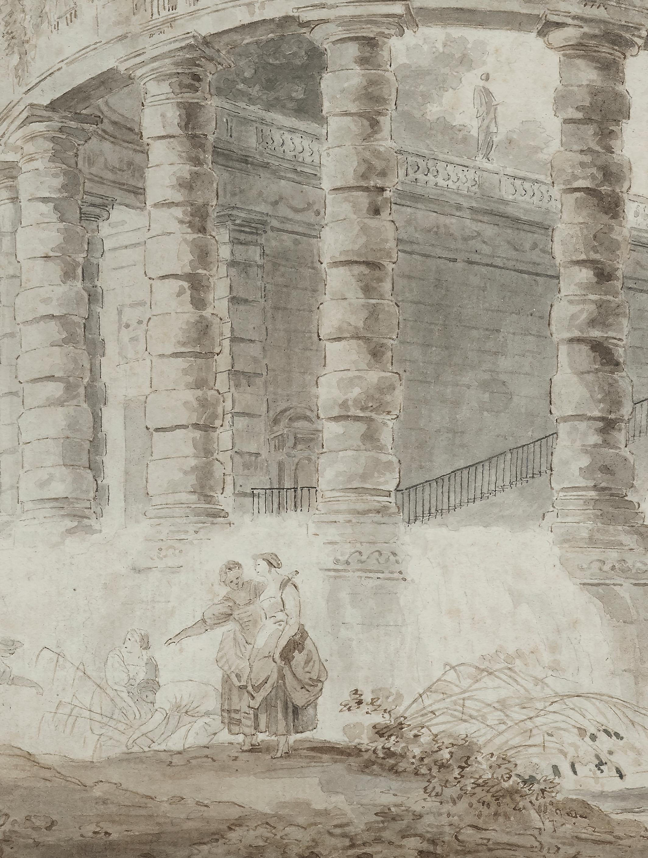 Pavilion with waterfall, an ink wash attributed to Hubert Robert (1733 - 1808) For Sale 3