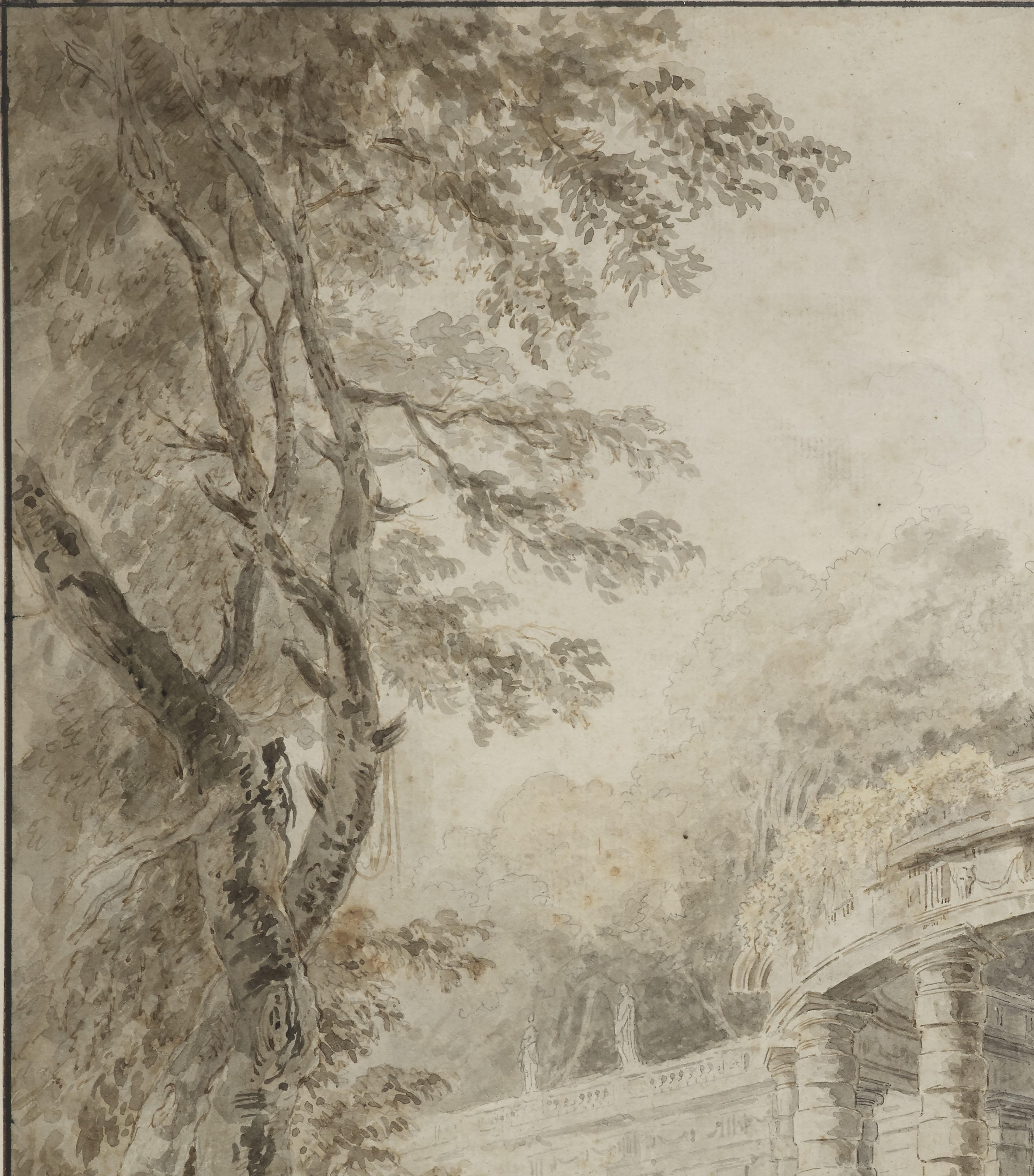 Pavilion avec cascade, un lavis à l'encre attribué à Hubert Robert (1733 - 1808) en vente 2