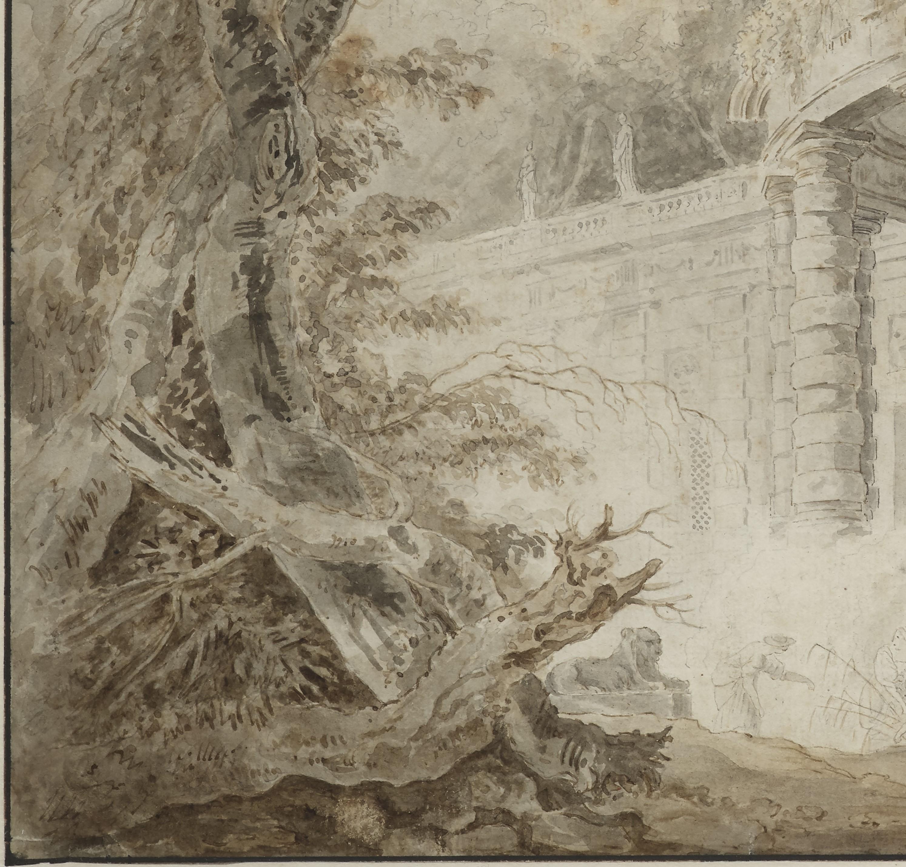 This large wash drawing is a slightly enlarged version of a composition executed by Hubert Robert in 1761, at the end of his stay in Rome. This composition is a marvellous synthesis of the painter's art: the clatter of the waterfall, in a grandiose