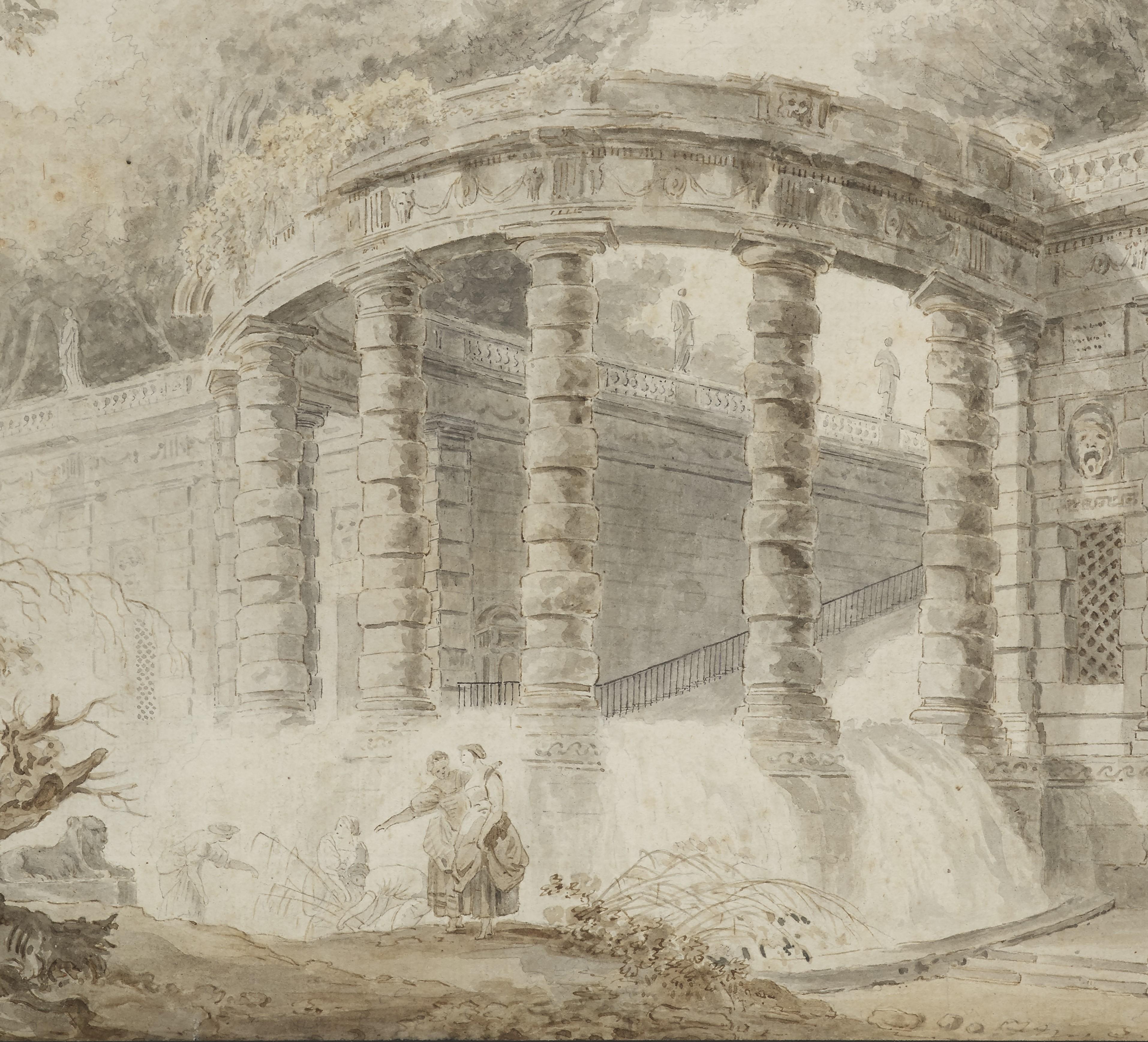 Pavilion with waterfall, an ink wash attributed to Hubert Robert (1733 - 1808) For Sale 2