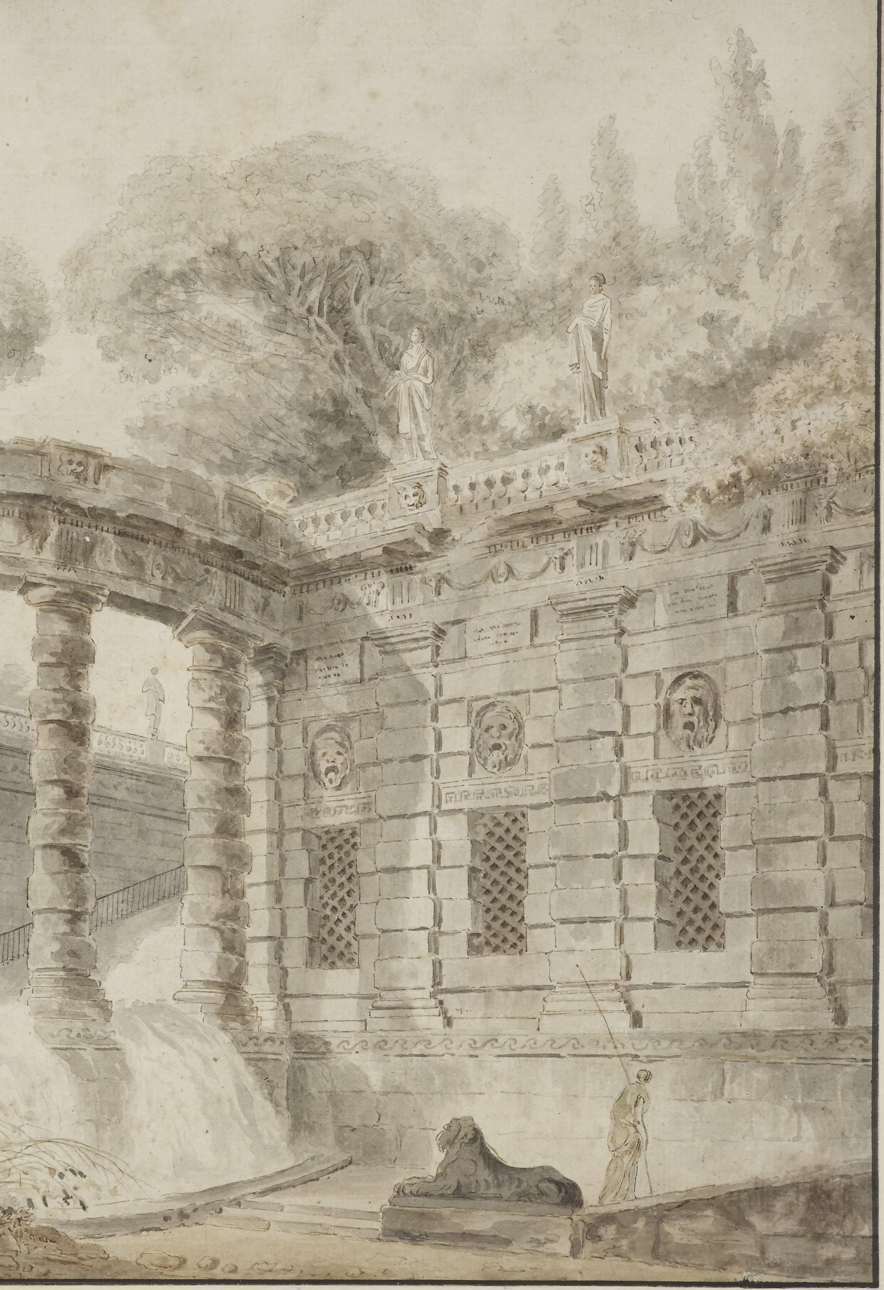 Pavilion with waterfall, an ink wash attributed to Hubert Robert (1733 - 1808) For Sale 4