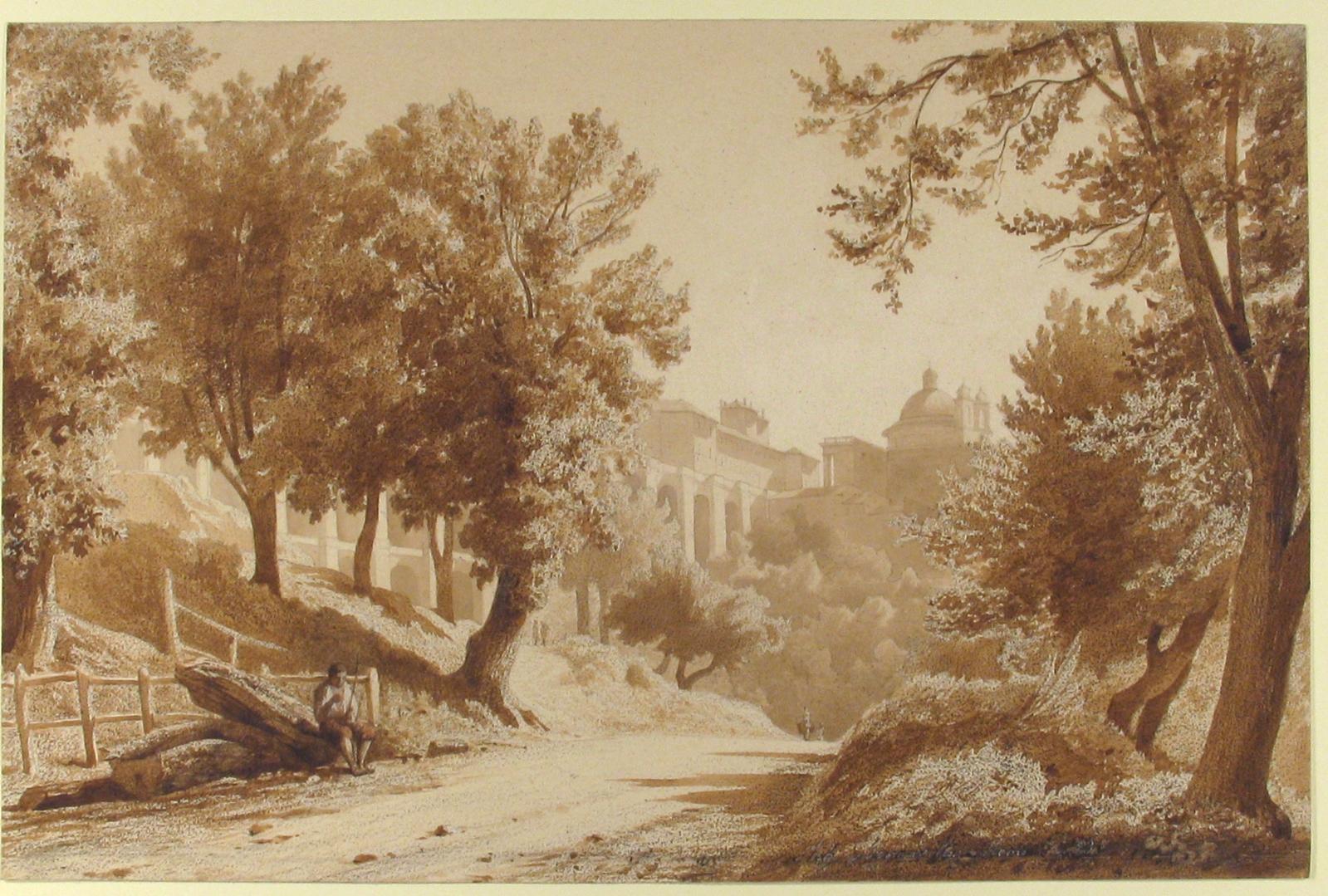 View of Ariccia, a preparatory drawing by Achille Bénouville (1815 - 1891) - Beige Landscape Art by Jean-Achille Benouville