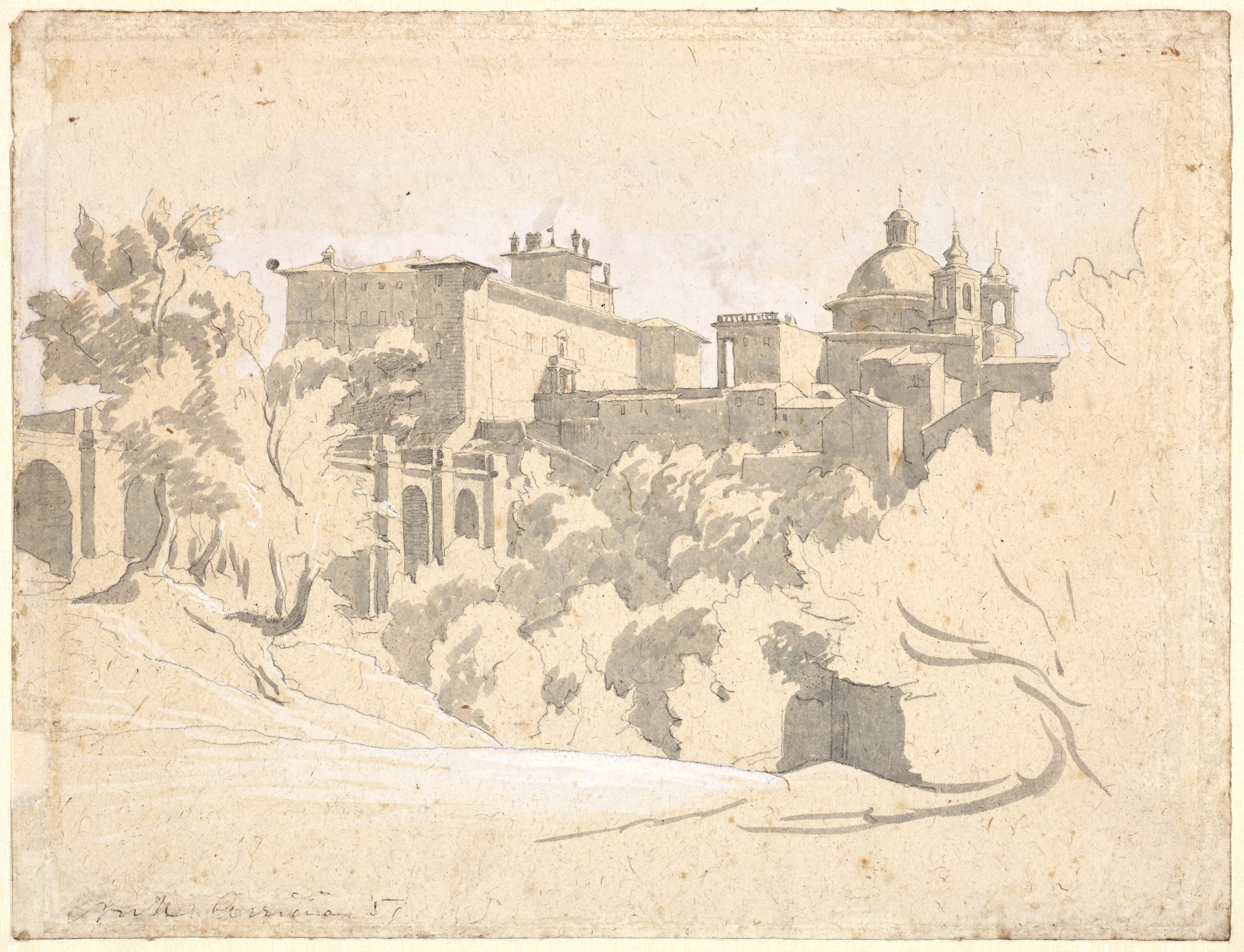 Jean-Achille Benouville Landscape Art - View of Ariccia, a preparatory drawing by Achille Bénouville (1815 - 1891)