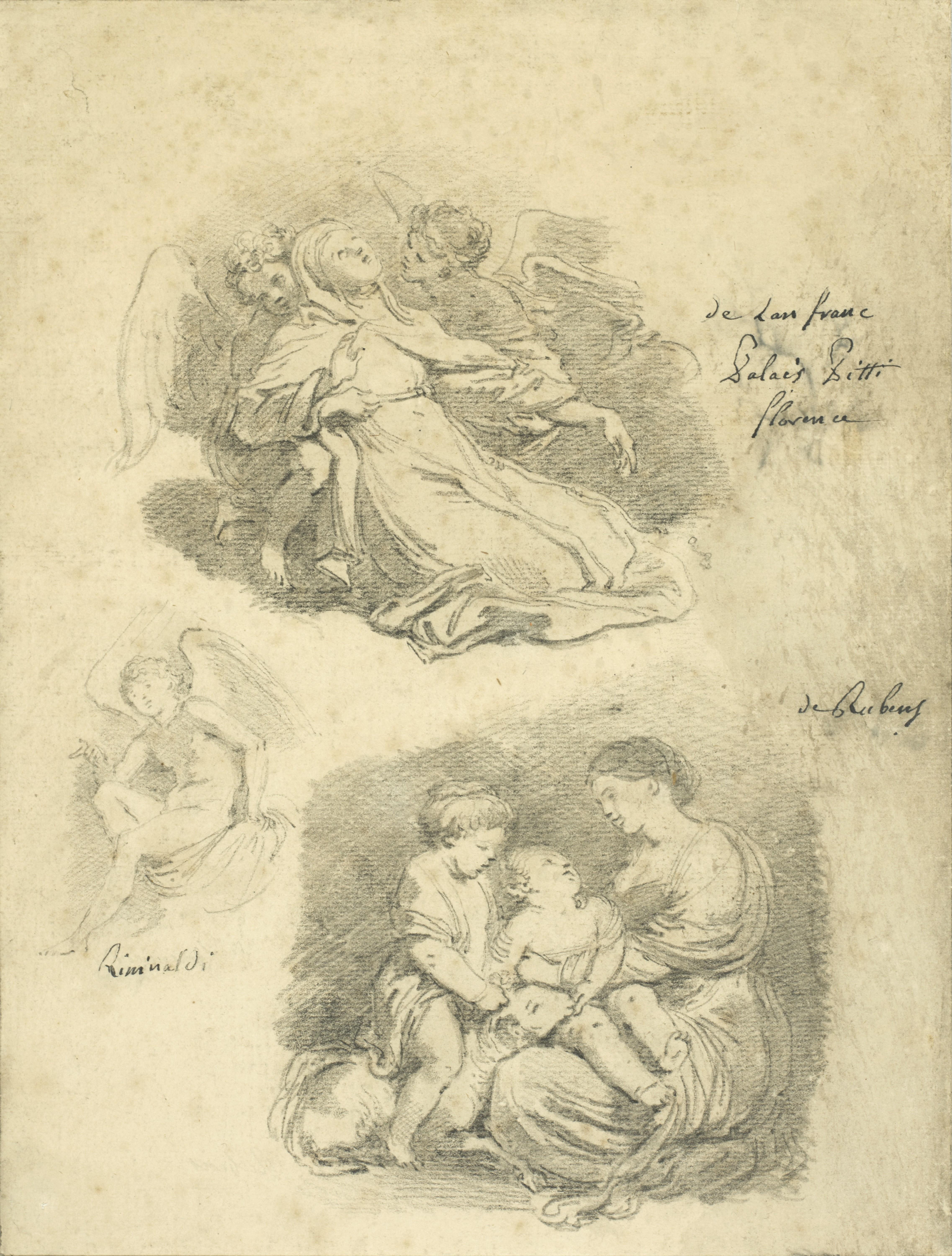 This brilliant study sheet, of which we present here a counterproof, is a souvenir of Fragonard's return journey from Italy. Between April and September 1761, he accompanied the abbot of Saint-Non on his way back to France. Three studies after the