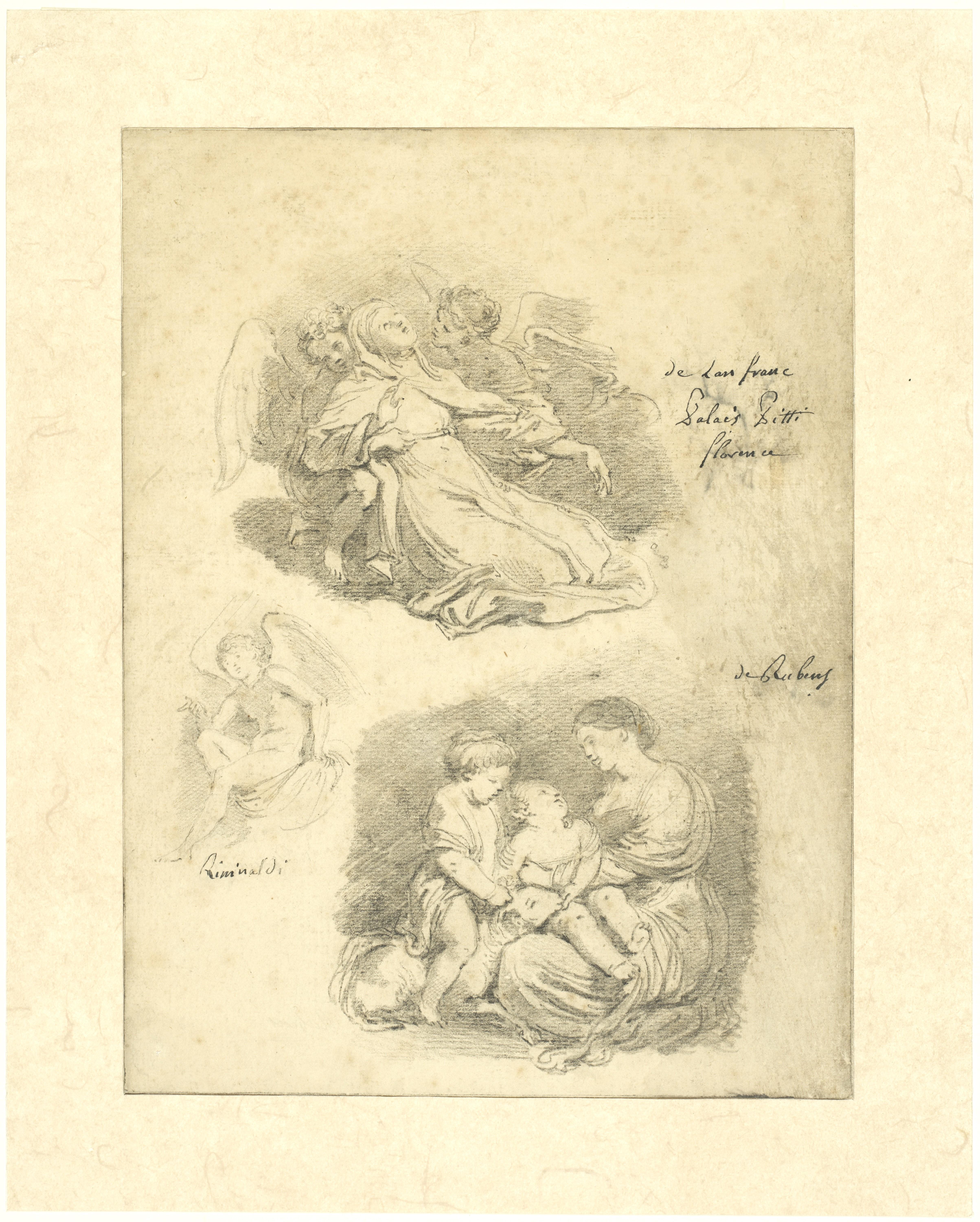 This brilliant study sheet, of which we present here a counterproof, is a souvenir of Fragonard's return journey from Italy. Between April and September 1761, he accompanied the abbot of Saint-Non on his way back to France. Three studies after the