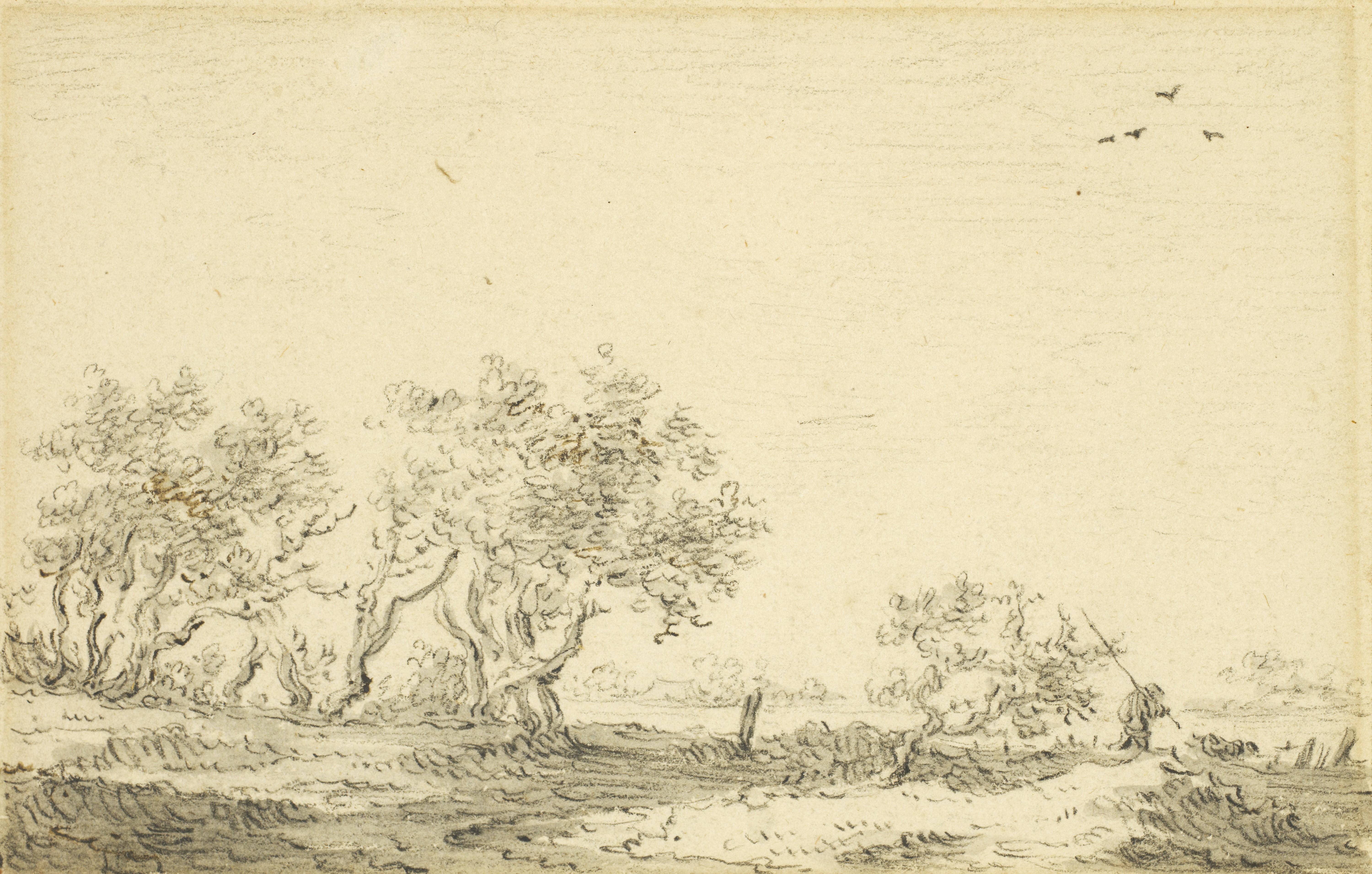 Paysage avec arbres et un pêcheur se promenant, un dessin de Jan Van Goyen