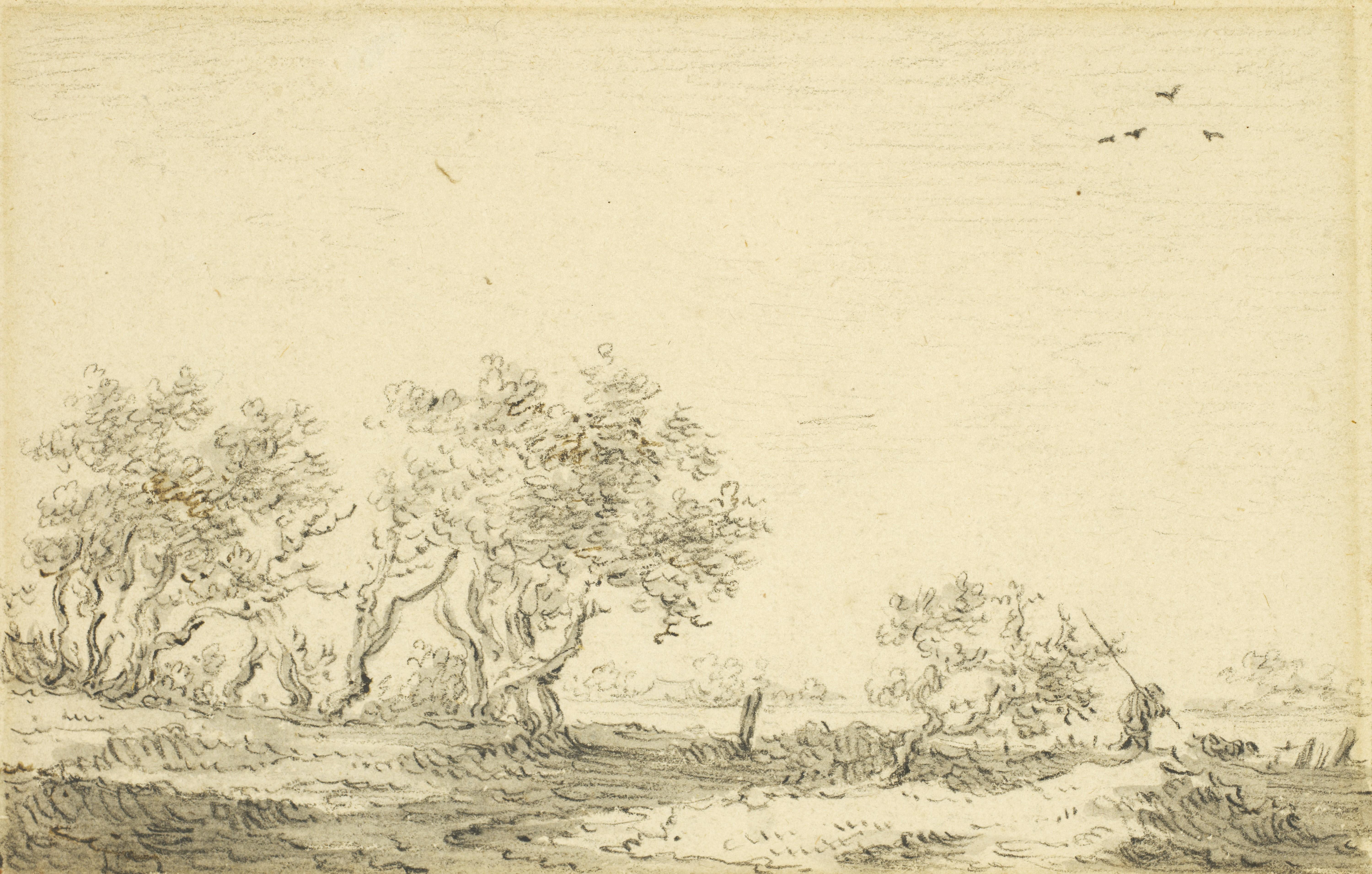 Jan Josefsz Van Goyen Landscape Art - Landscape with Trees and a Fisherman walking, a drawing by Jan Van Goyen 