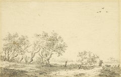 Landscape with Trees and a Fisherman walking, a drawing by Jan Van Goyen 